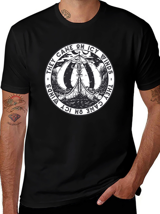Viking Ship Black T-Shirt - They Came on Icy Winds