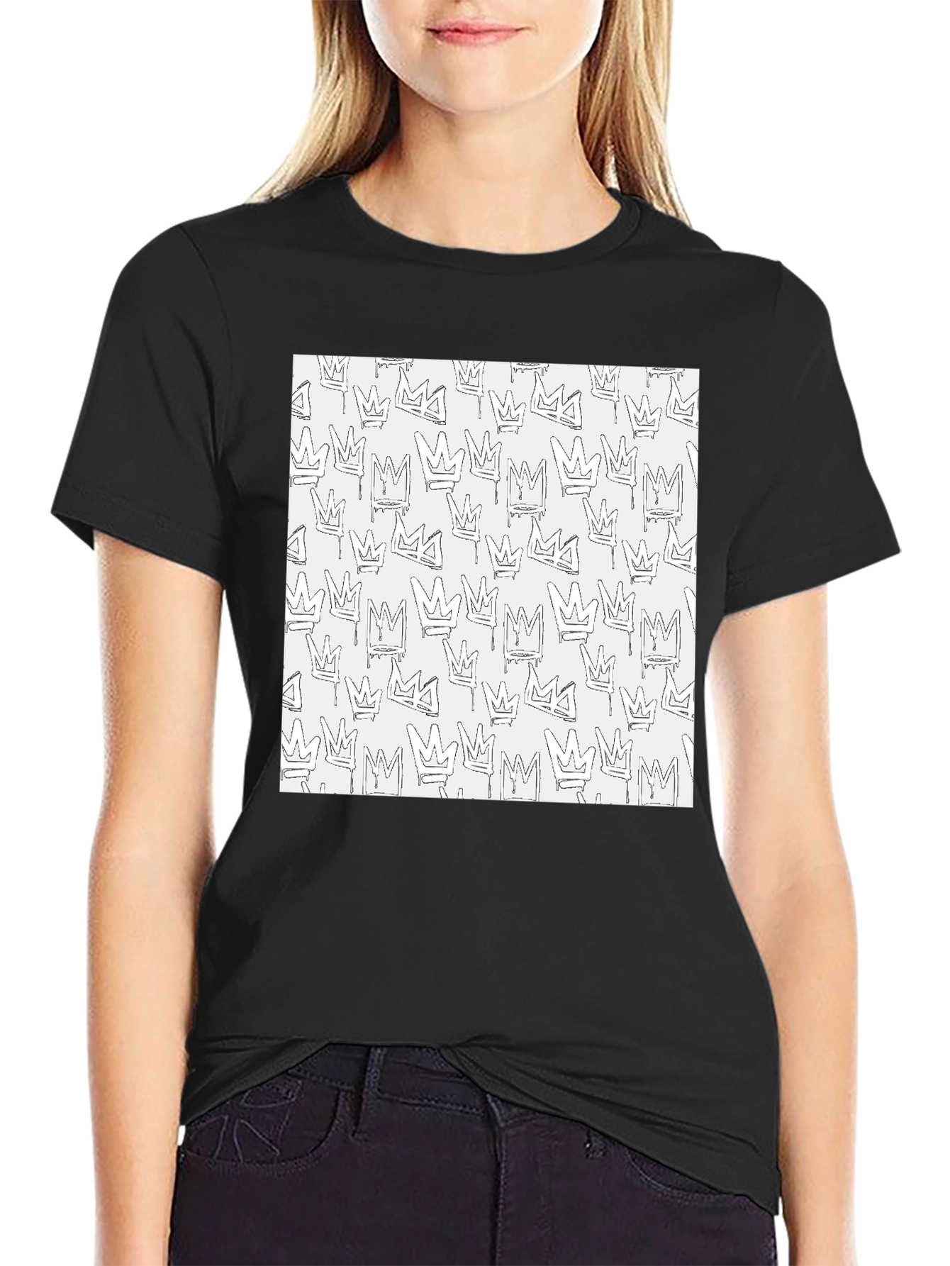 Crown Print Black Crew Neck T-Shirt