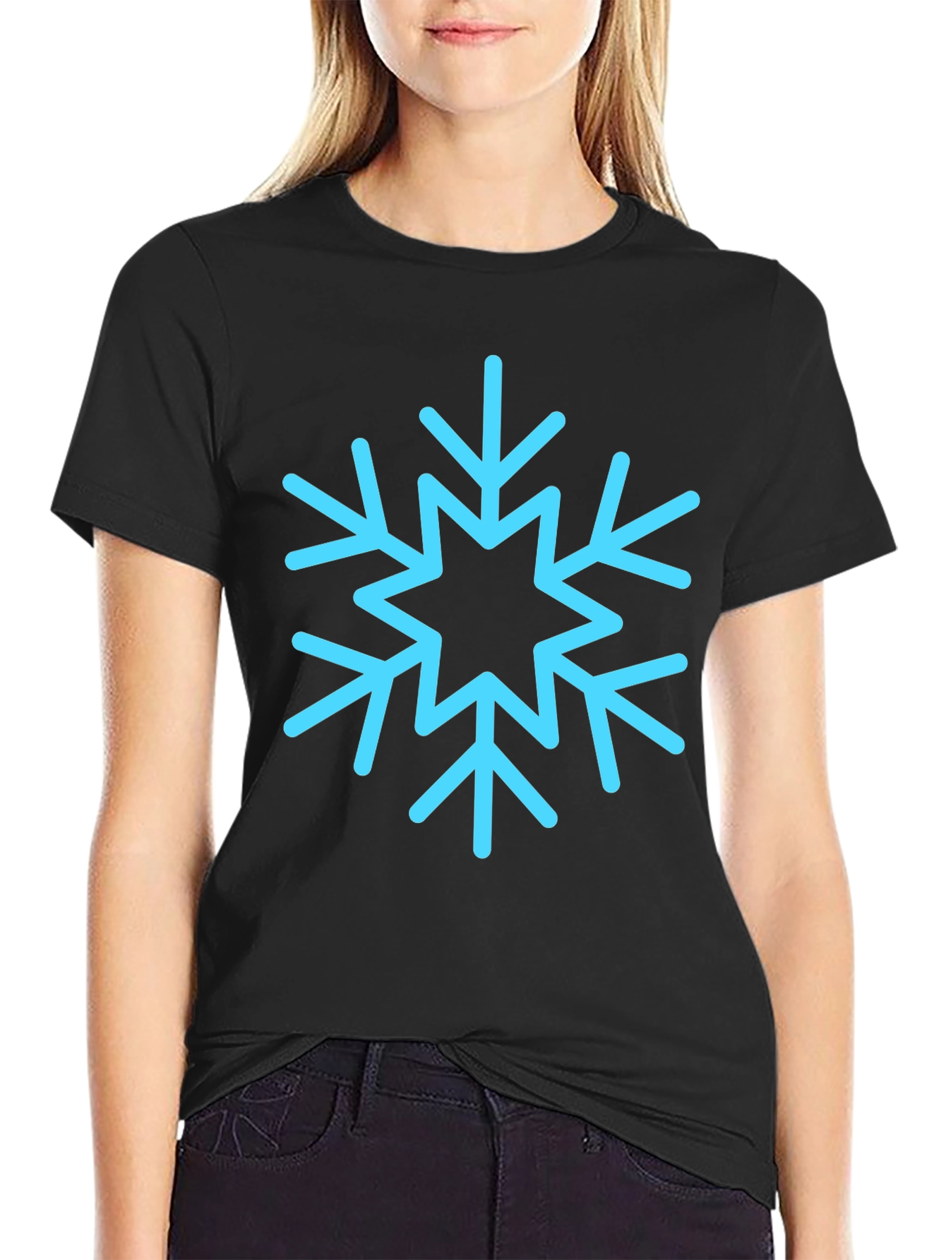 Black T-Shirt with Light Blue Snowflake Design