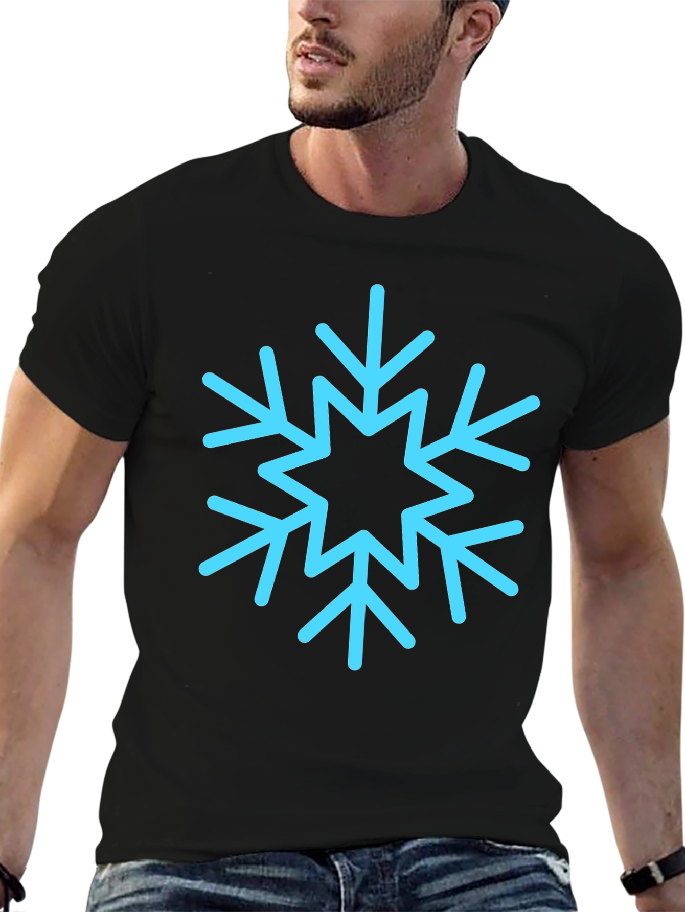 Black T-Shirt with Light Blue Snowflake Design