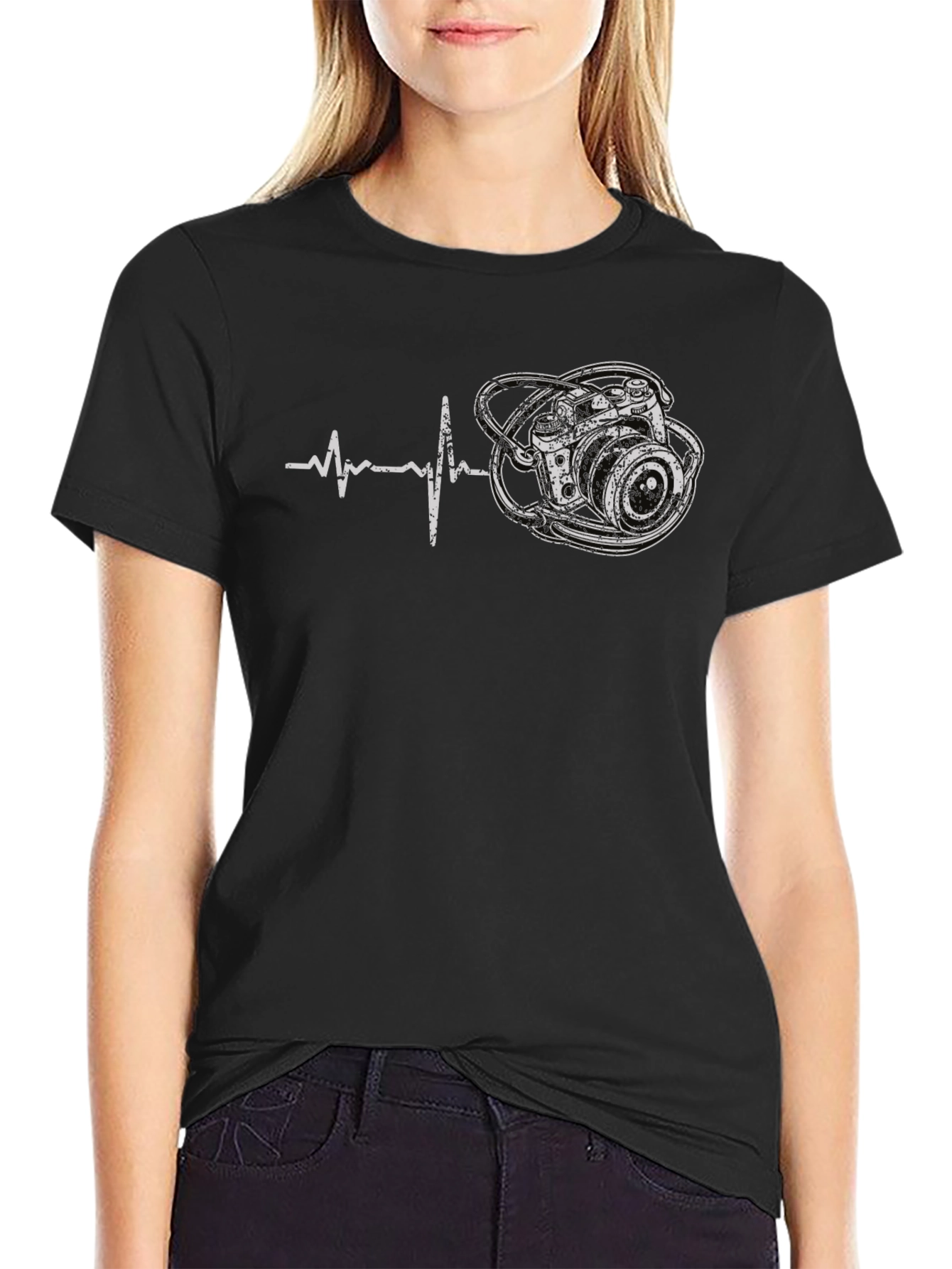 Photographer Heartbeat Graphic T-Shirt - Black