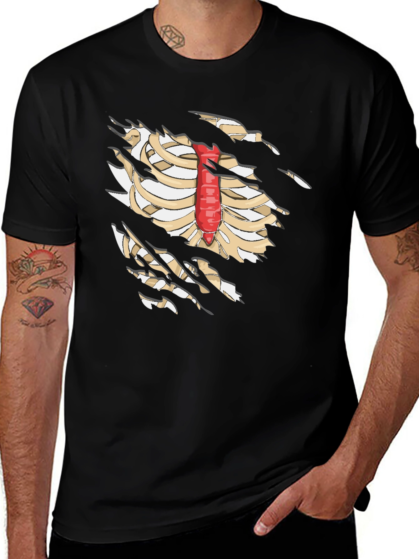 Skeleton Rib Cage T-Shirt - Black Novelty Graphic Tee