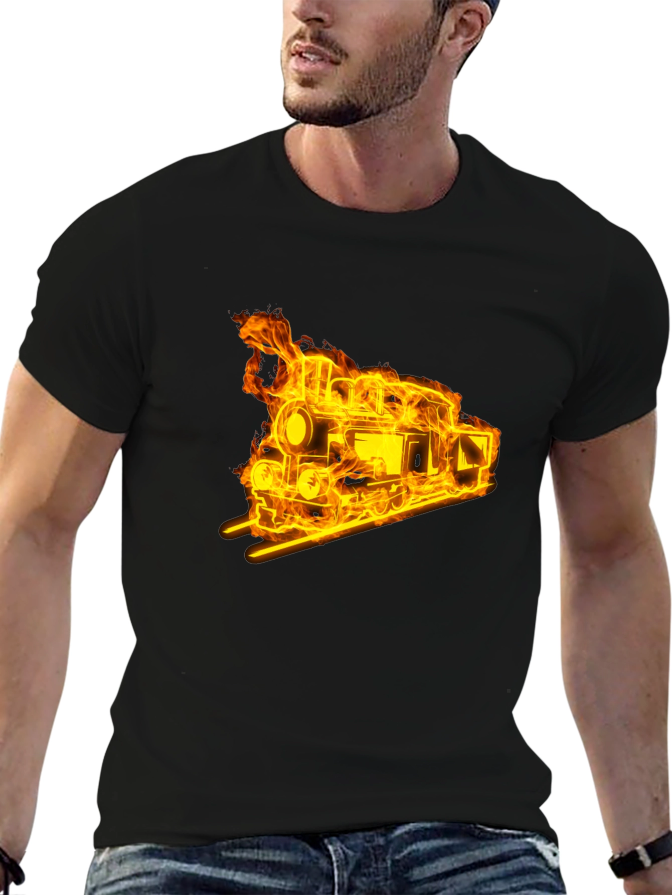 Flaming Train Graphic Tee - Black Cotton