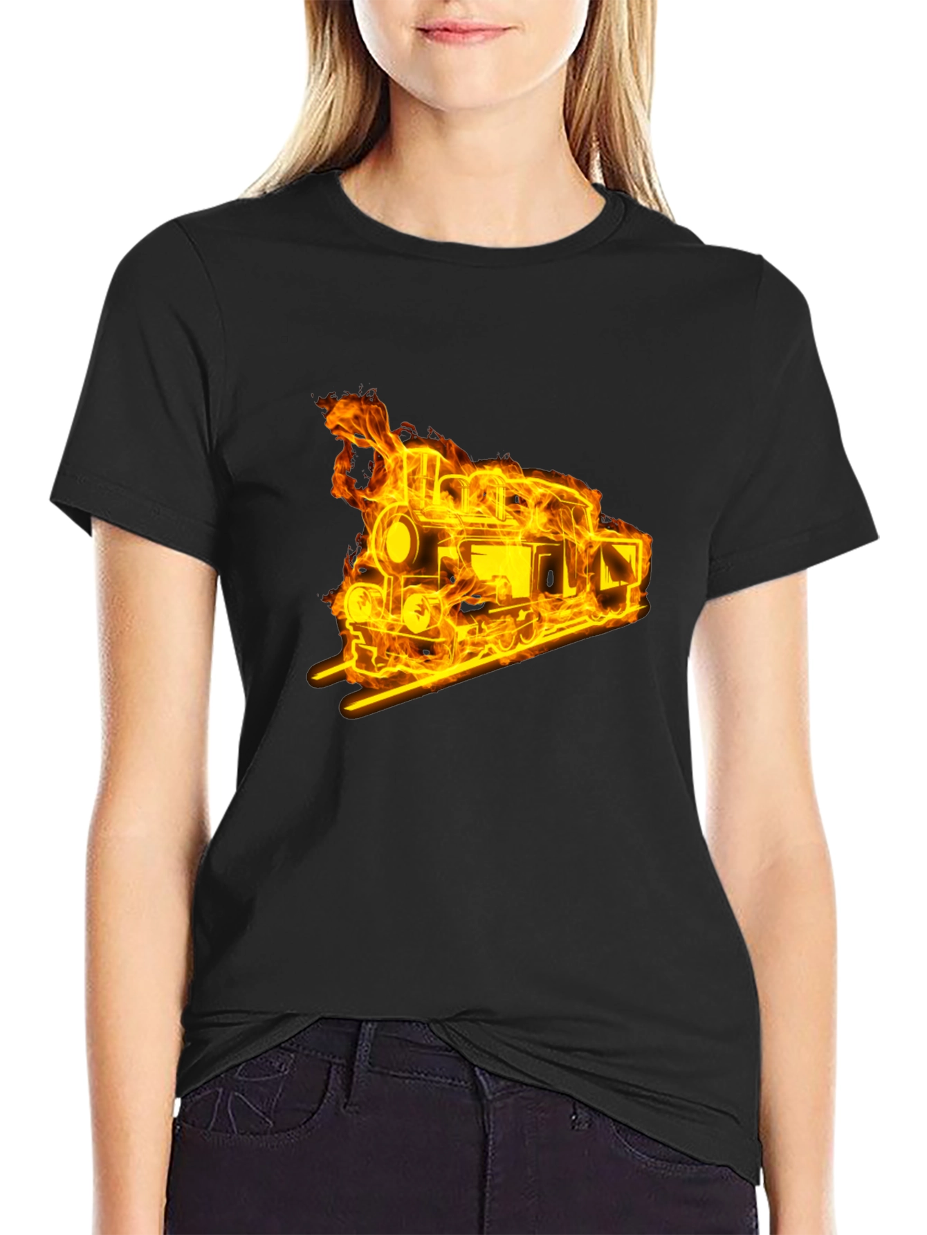 Flaming Train Graphic Tee - Black Cotton