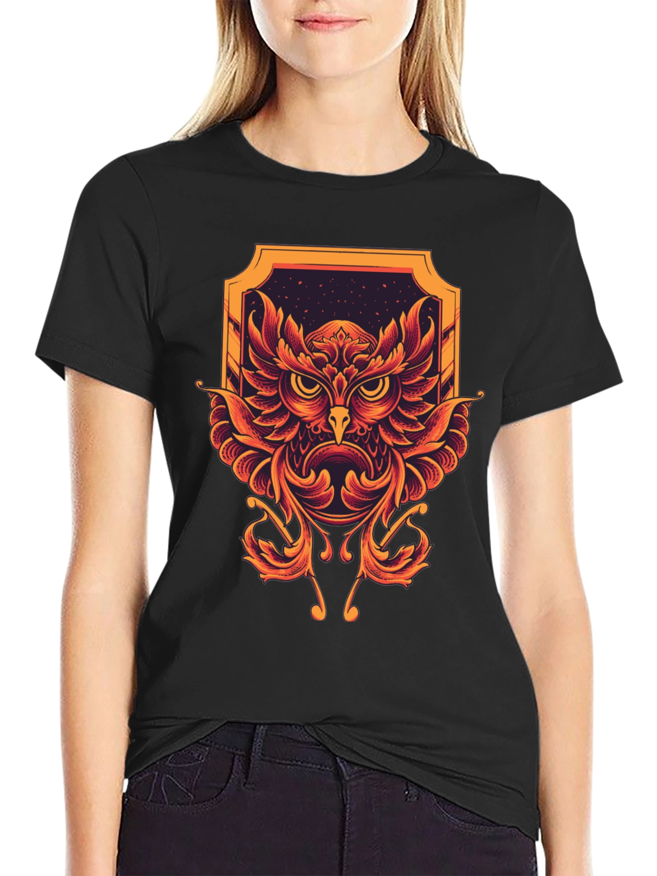 Owl Graphic Print Black Tee