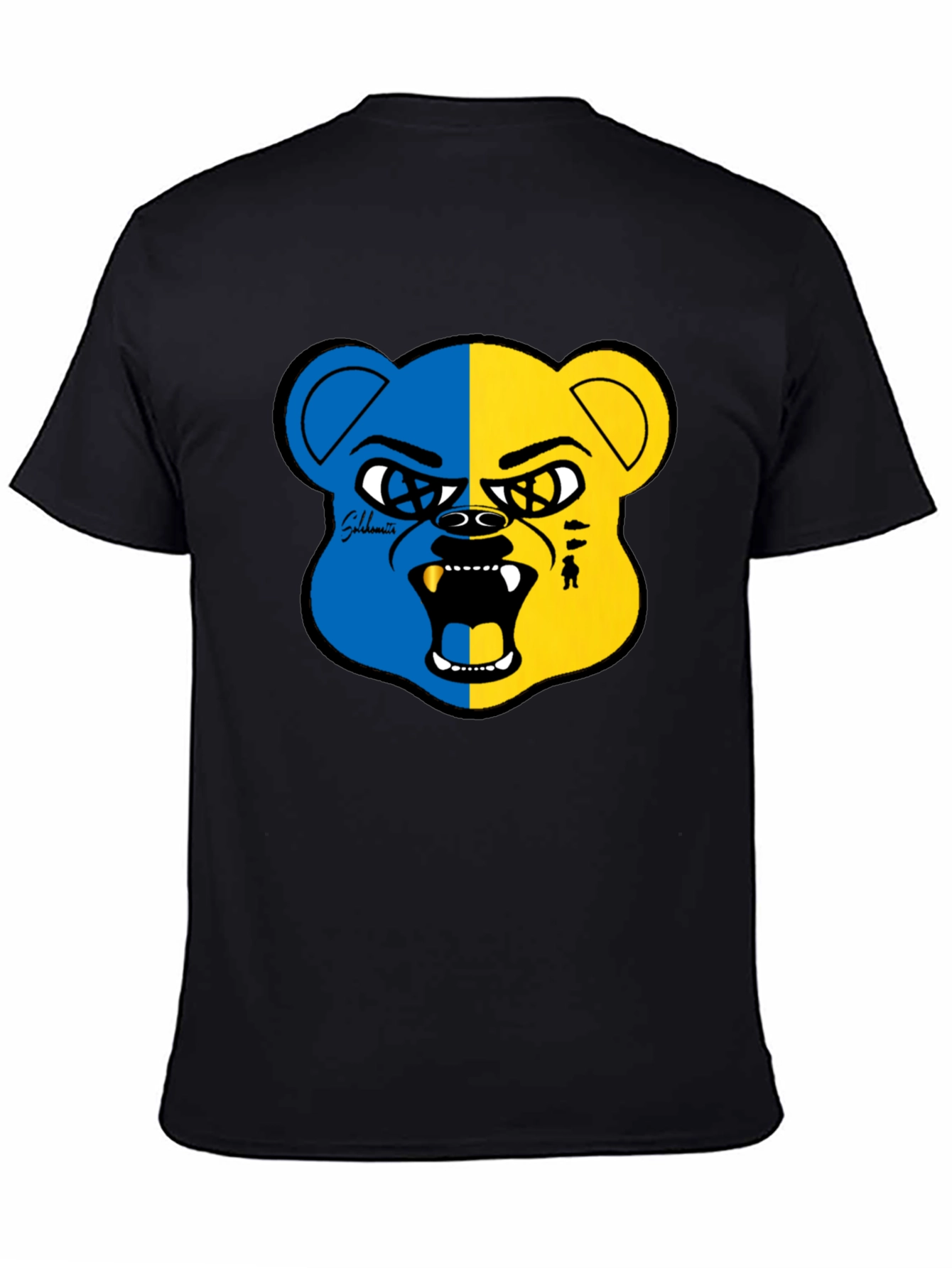 Blue and Yellow Bear Graphic Black T-Shirt