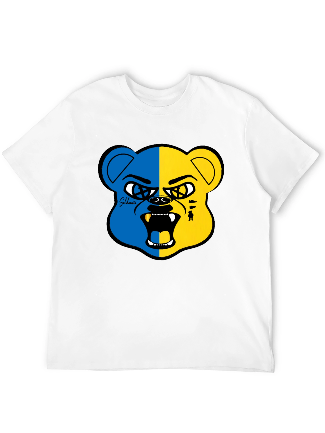 Blue and Yellow Bear Graphic Black T-Shirt