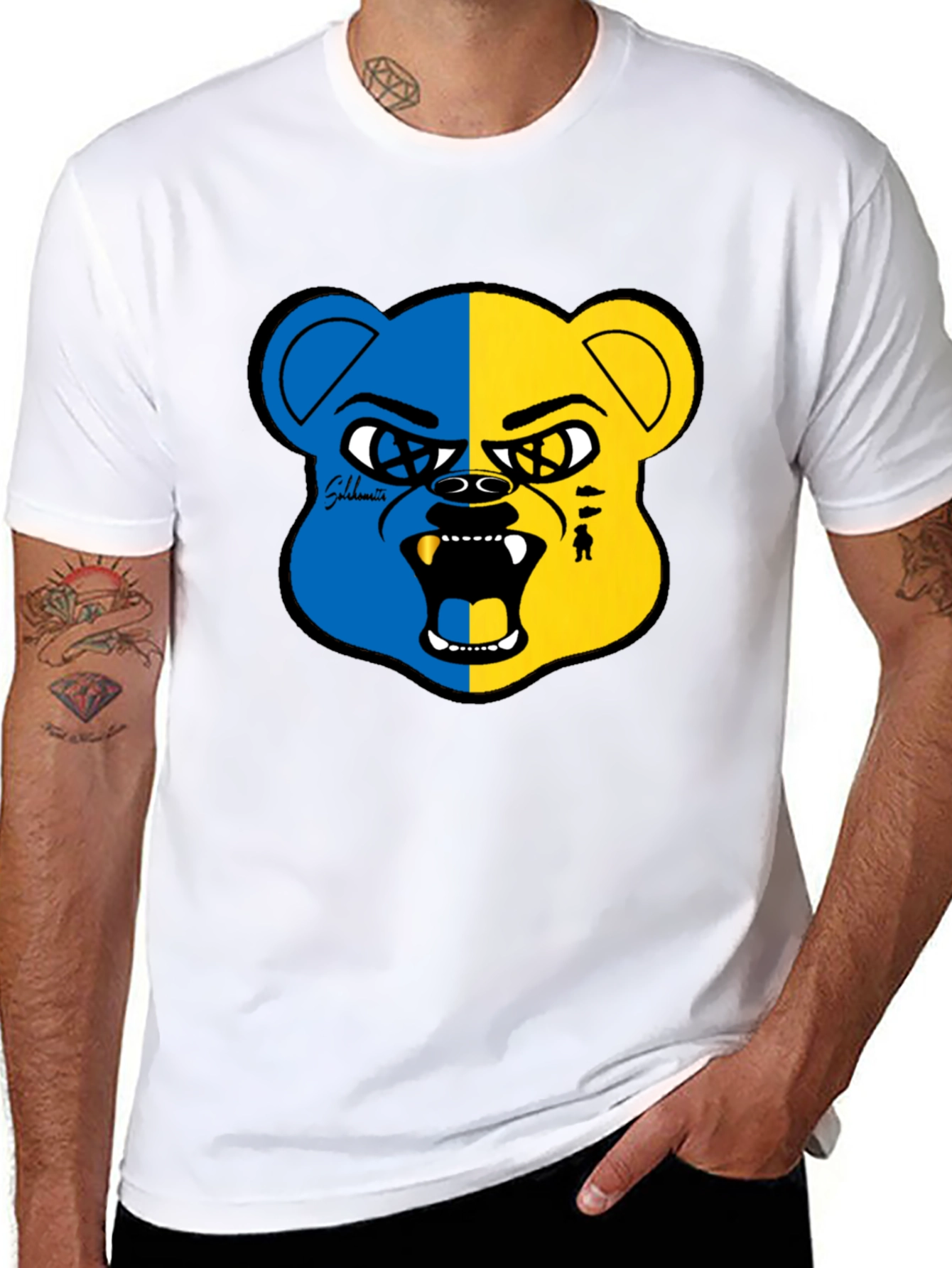 Blue and Yellow Bear Graphic Black T-Shirt