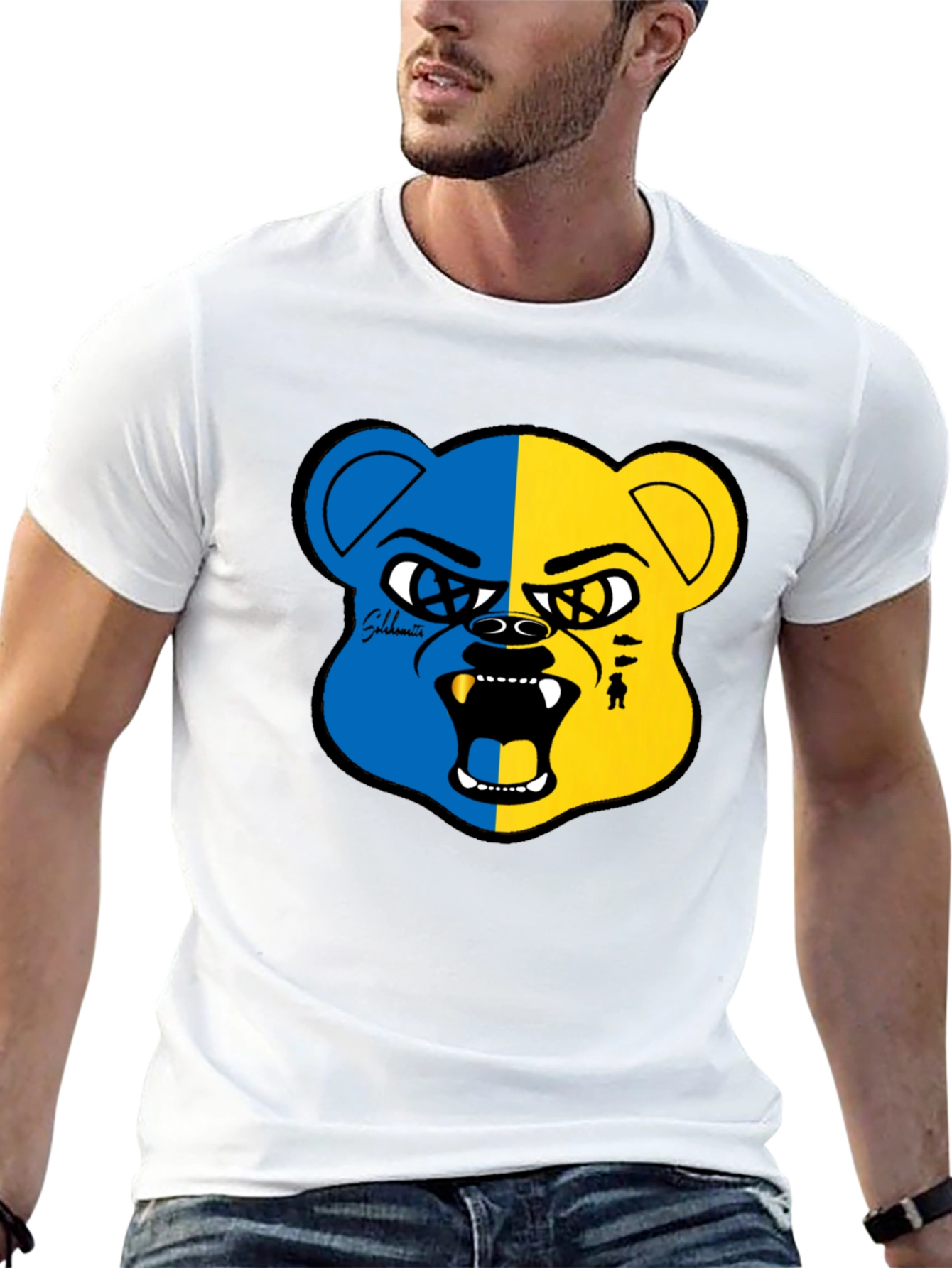 Blue and Yellow Bear Graphic Black T-Shirt