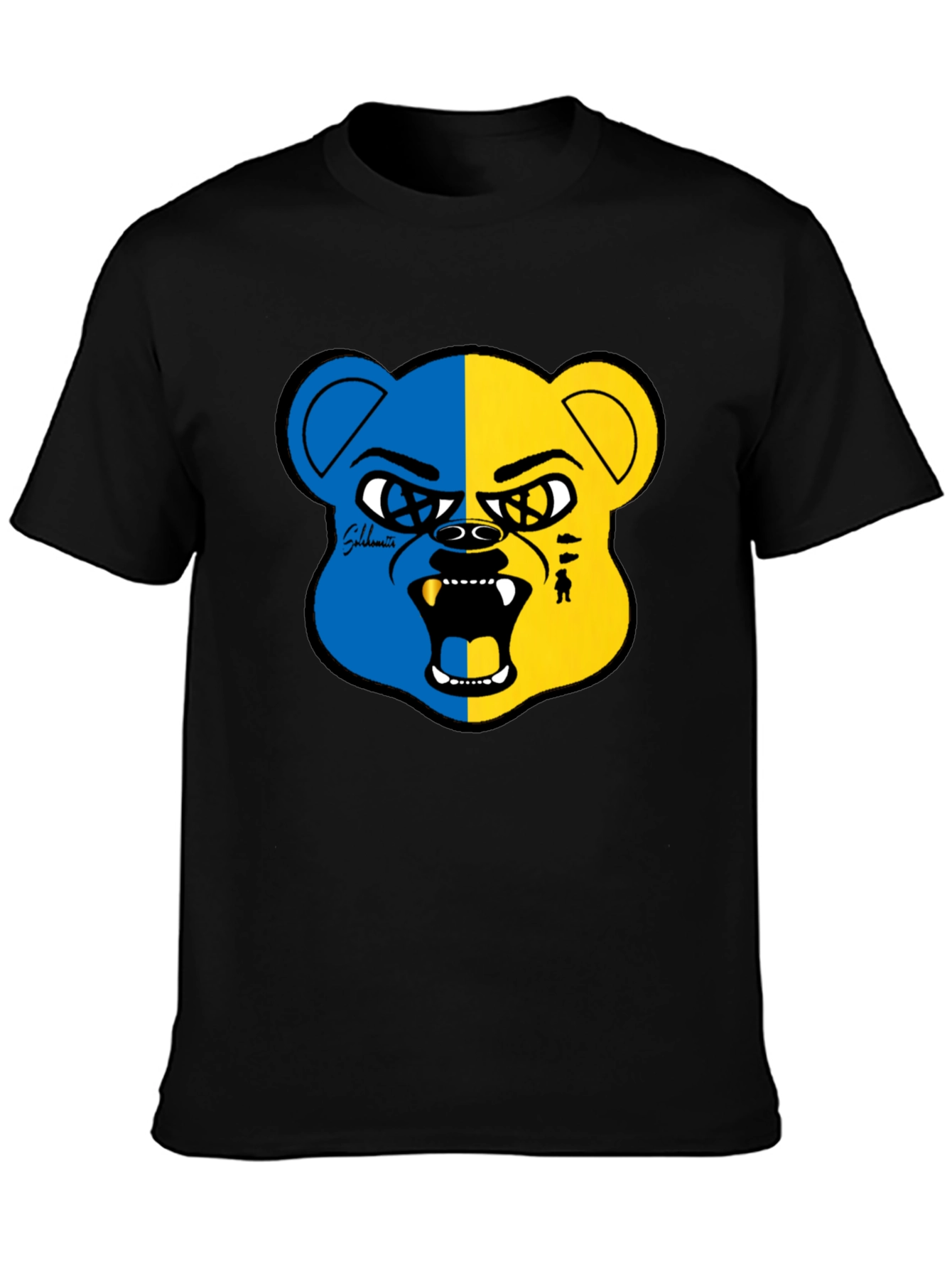 Blue and Yellow Bear Graphic Black T-Shirt