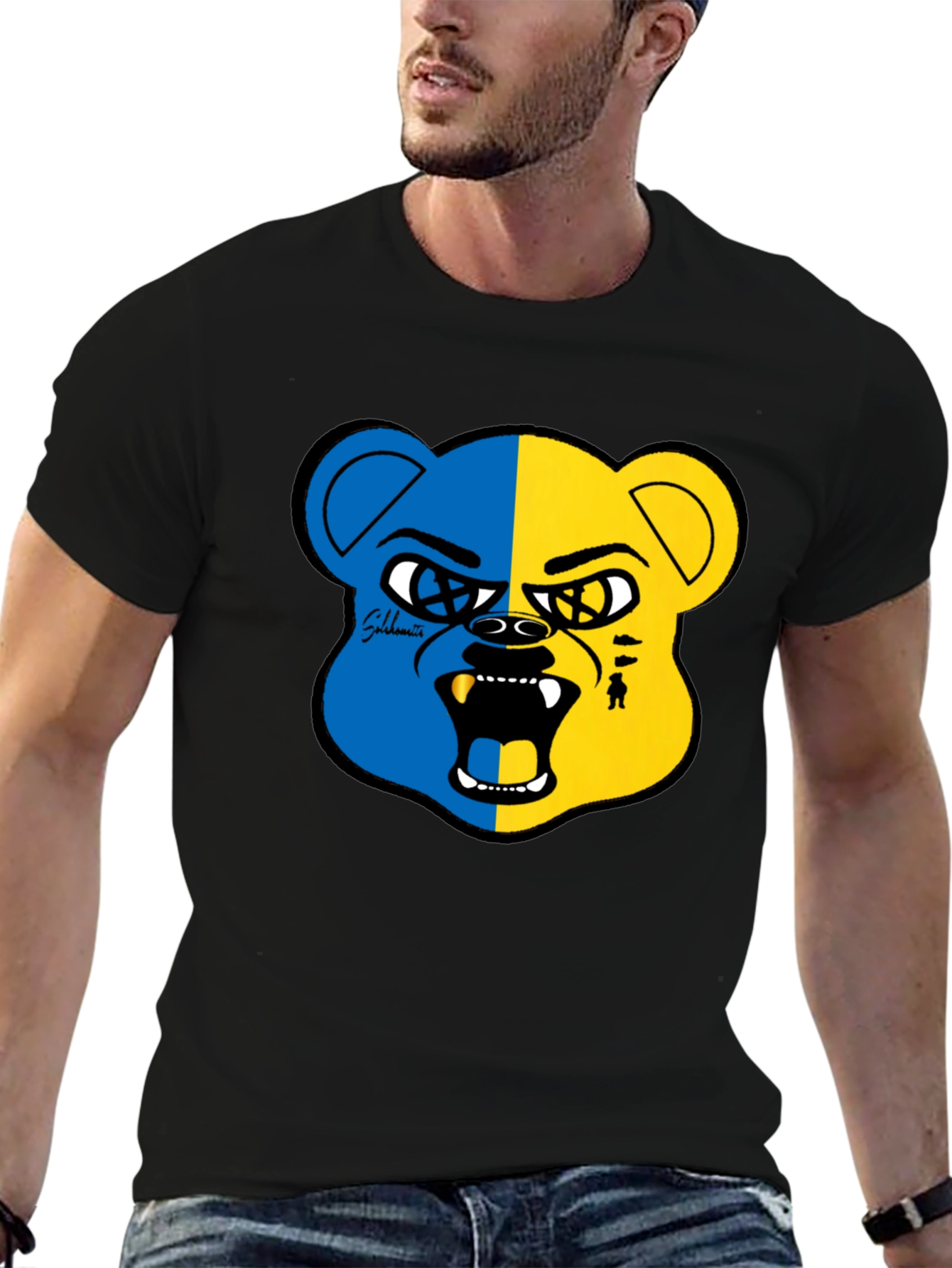 Blue and Yellow Bear Graphic Black T-Shirt