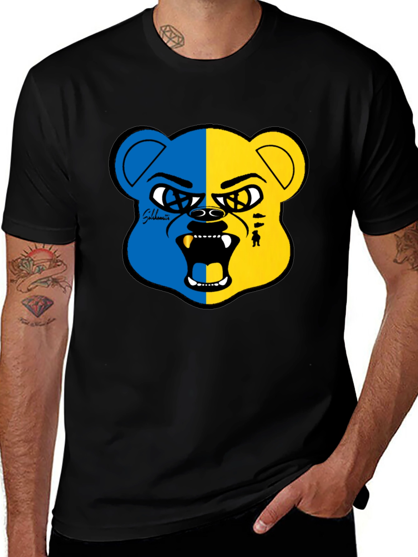 Blue and Yellow Bear Graphic Black T-Shirt
