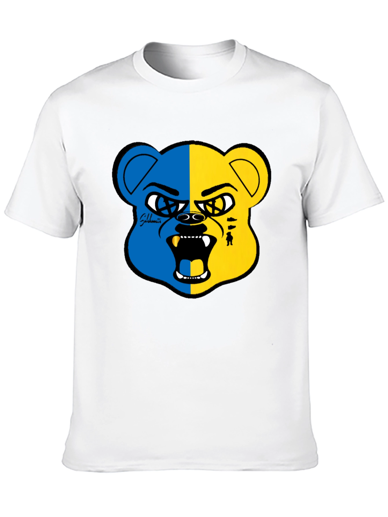 Blue and Yellow Bear Graphic Black T-Shirt