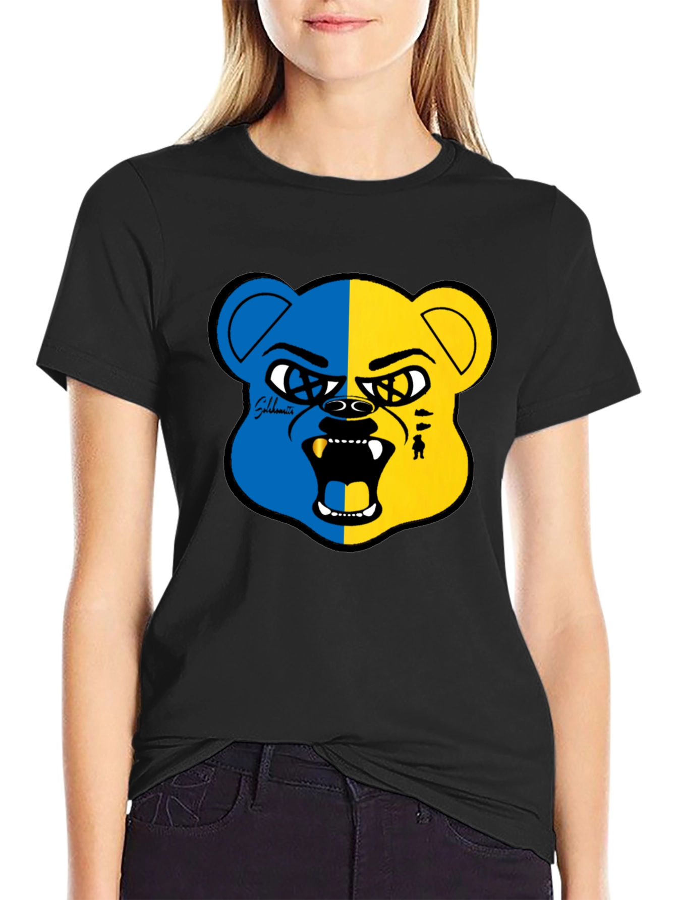 Blue and Yellow Bear Graphic Black T-Shirt