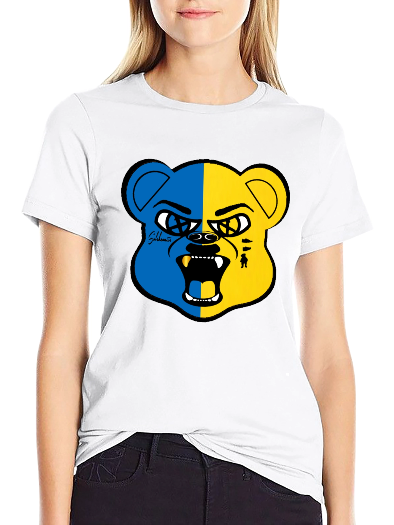 Blue and Yellow Bear Graphic Black T-Shirt