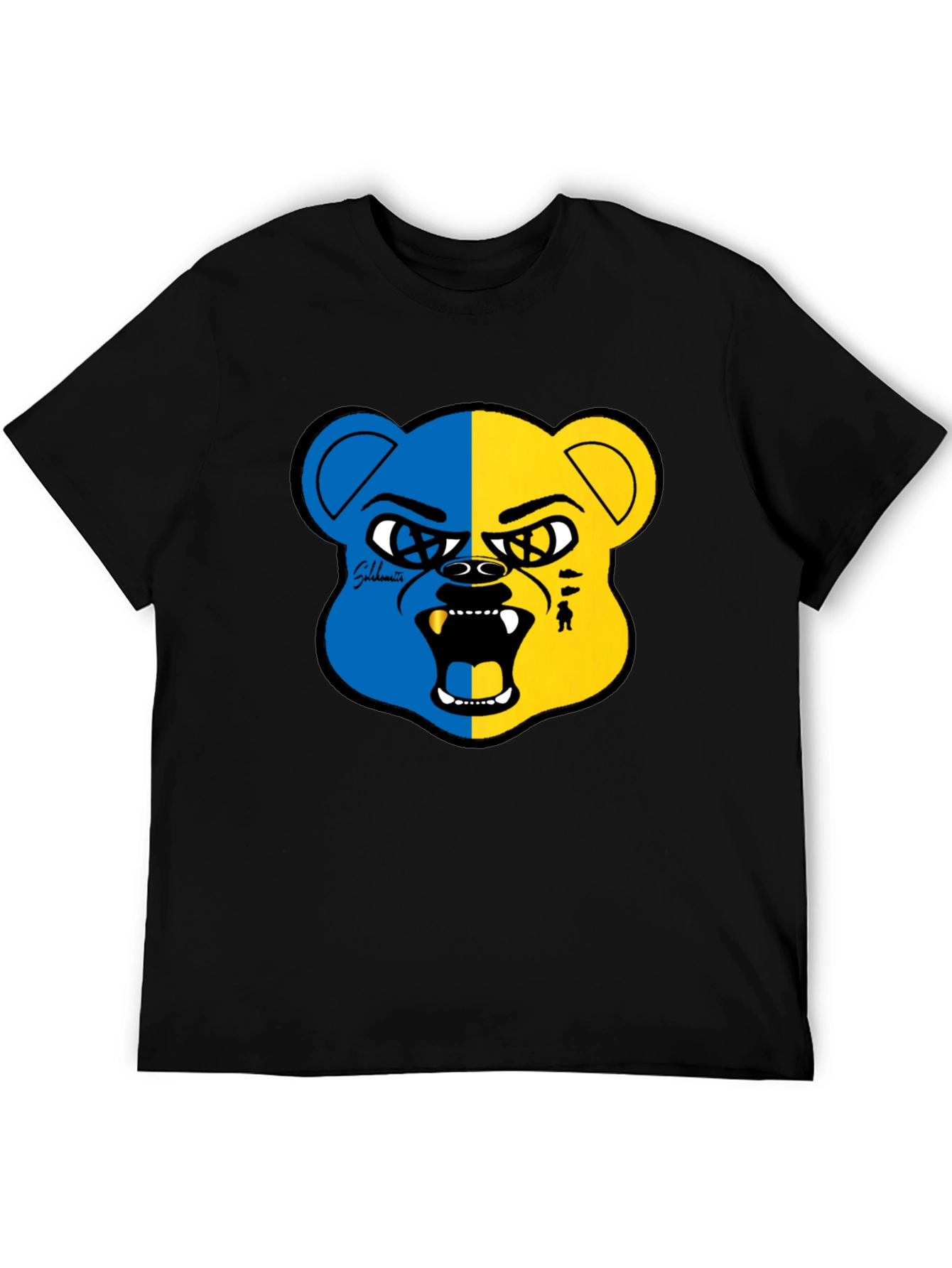 Blue and Yellow Bear Graphic Black T-Shirt