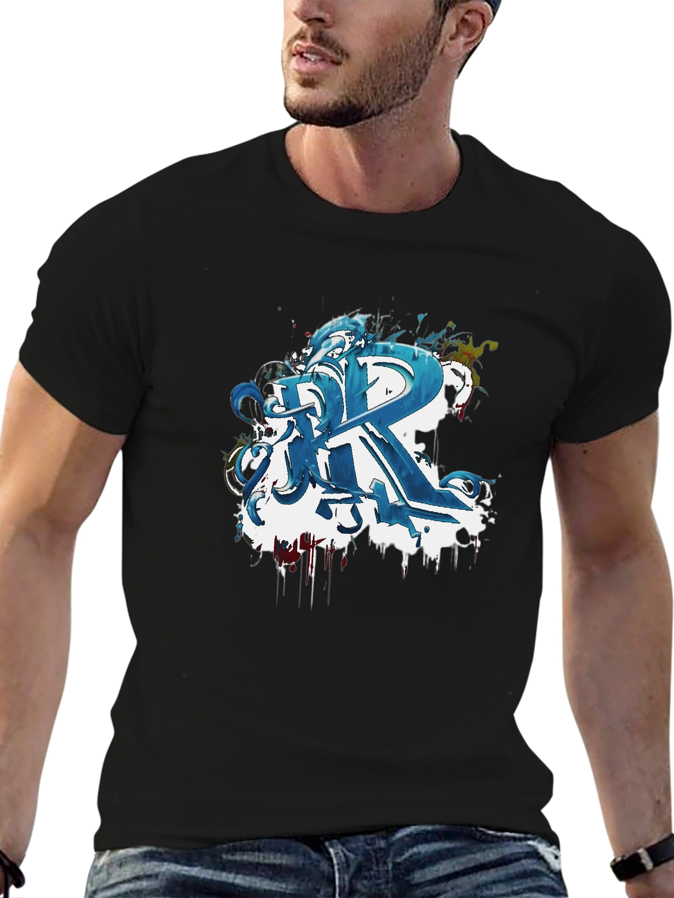 Abstract Blue Graffiti R Black T-Shirt