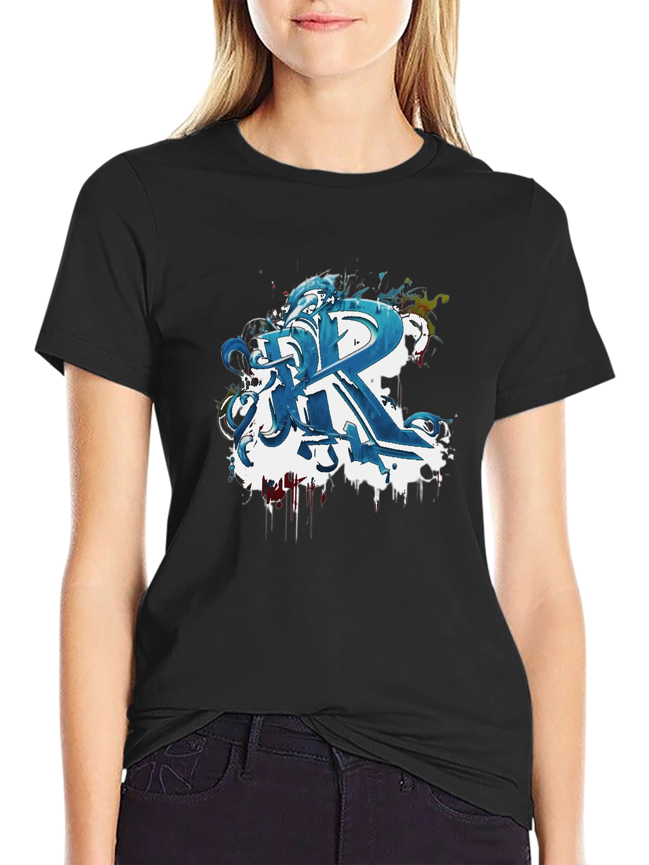 Abstract Blue Graffiti R Black T-Shirt