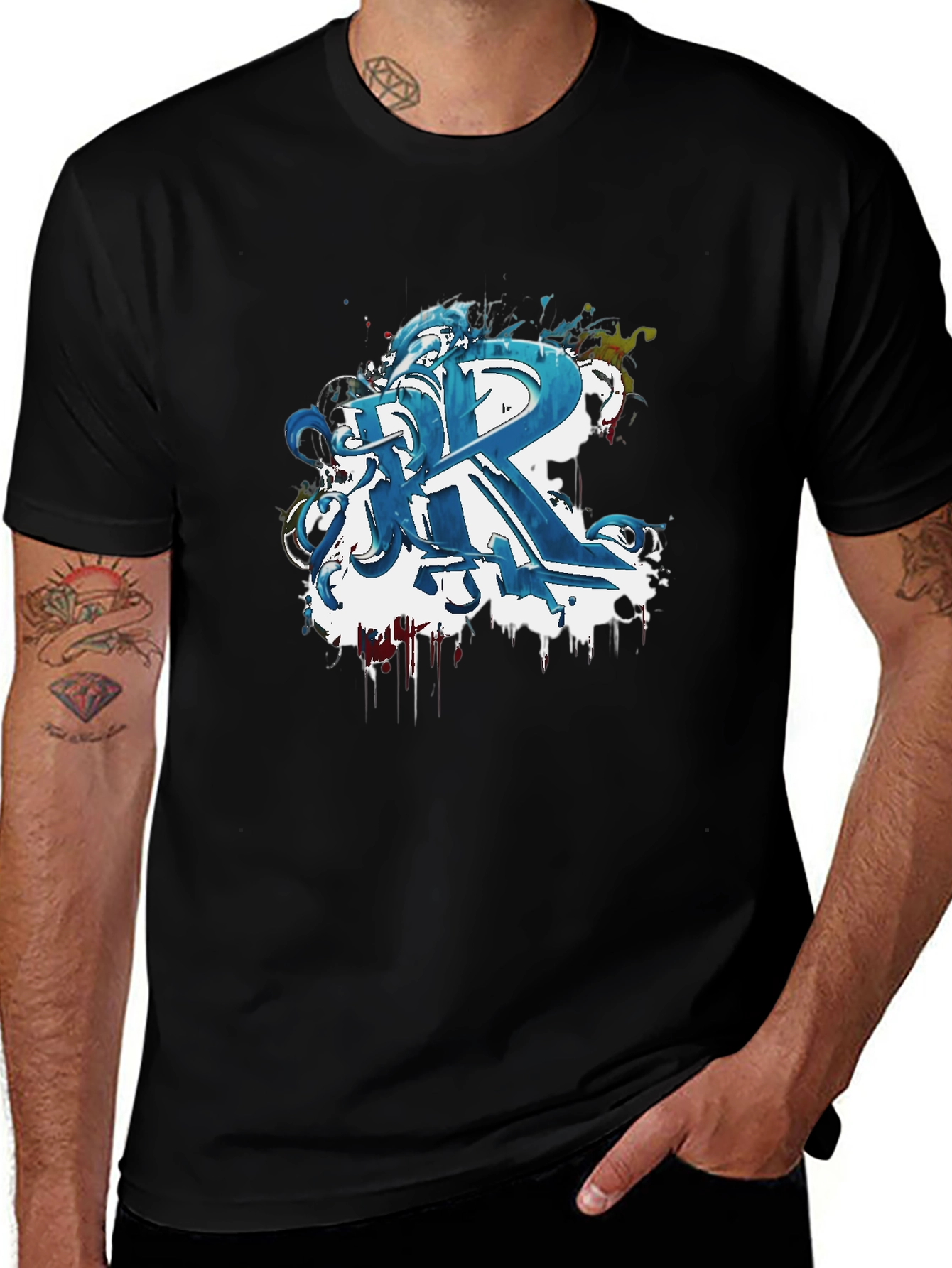 Abstract Blue Graffiti R Black T-Shirt