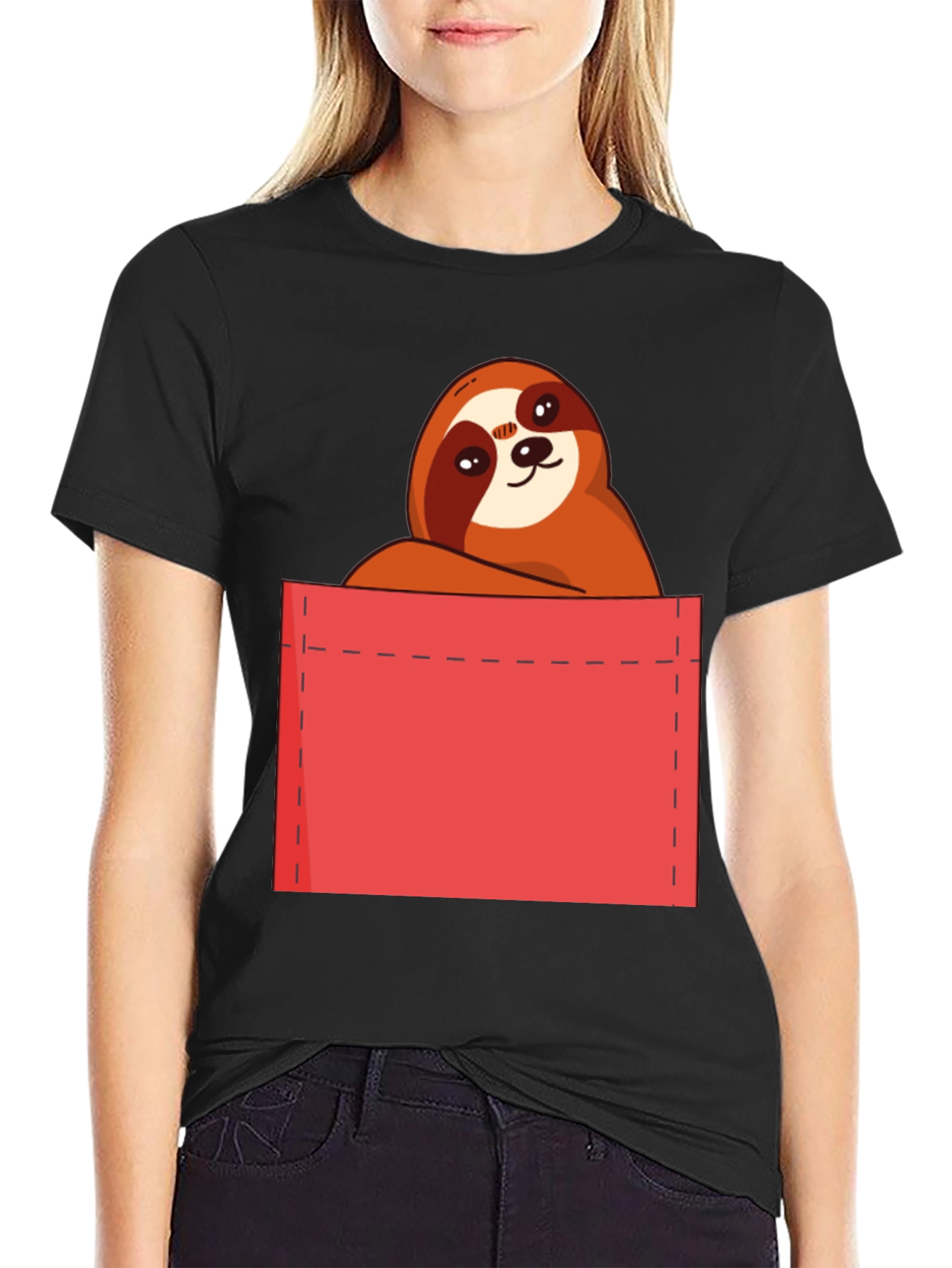 Sloth in Pocket T-Shirt - Cute Cartoon Animal Tee