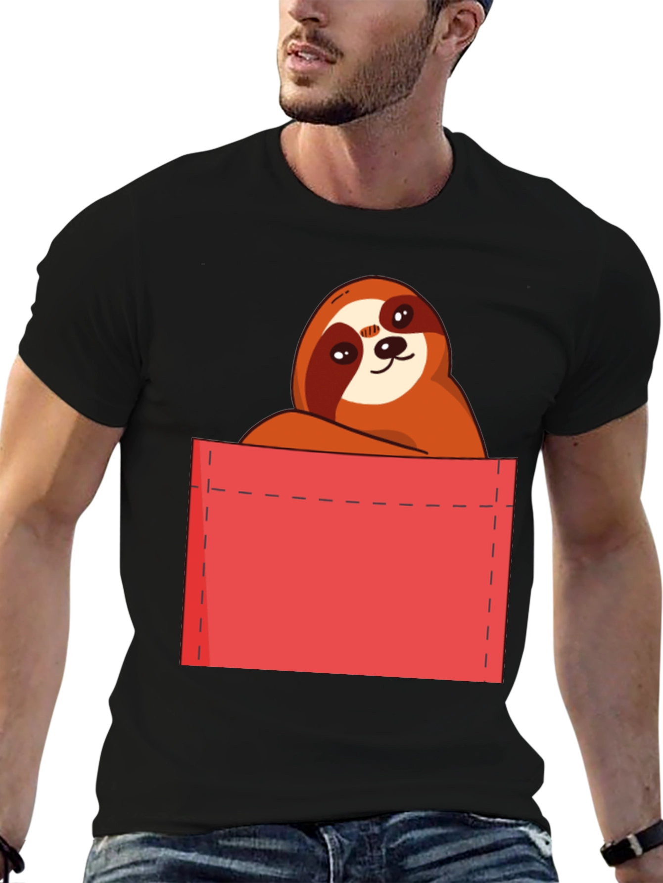 Sloth in Pocket T-Shirt - Cute Cartoon Animal Tee