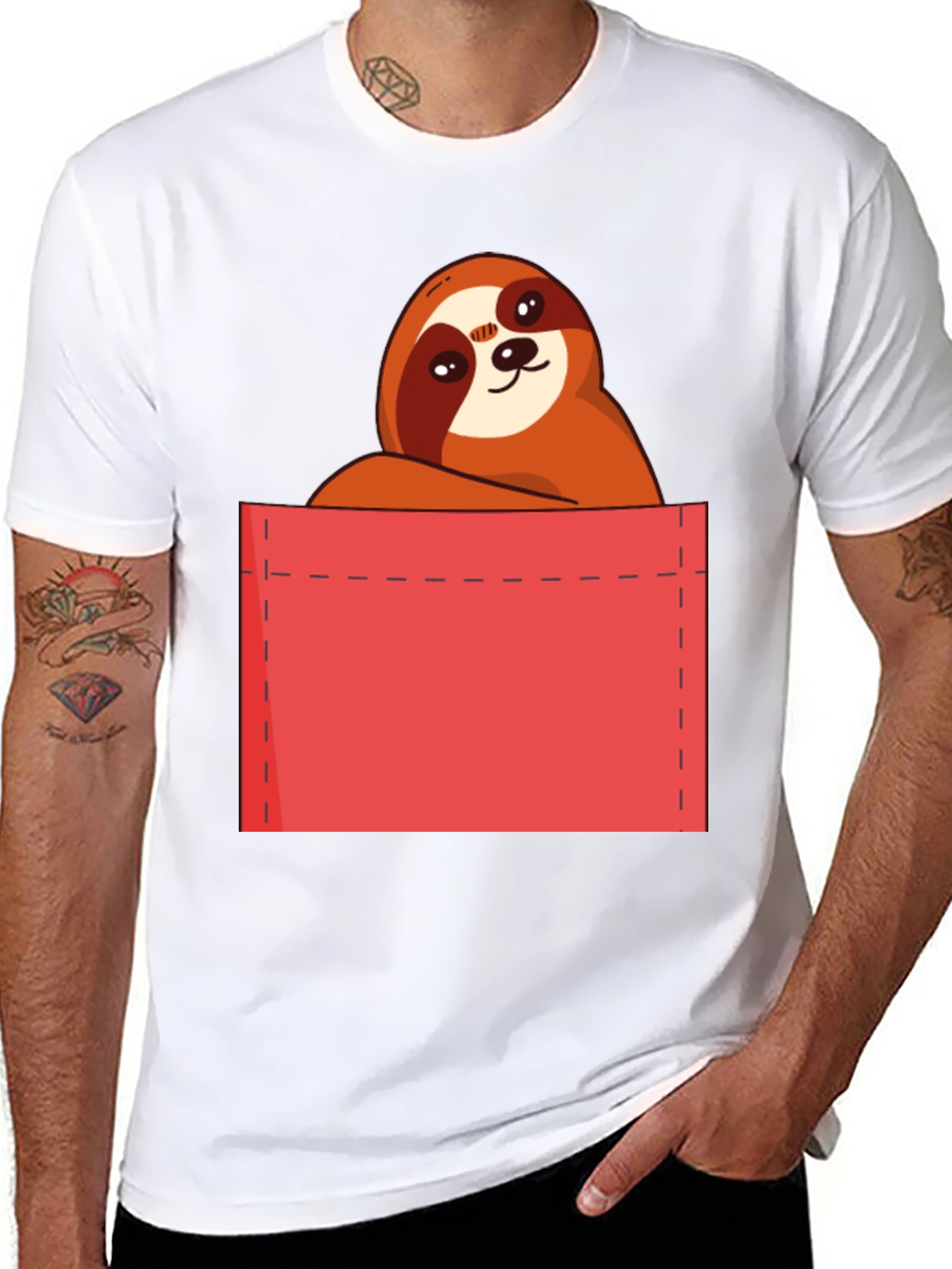 Sloth in Pocket T-Shirt - Cute Cartoon Animal Tee