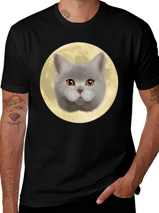Cat Face Moon Graphic T-Shirt - Black