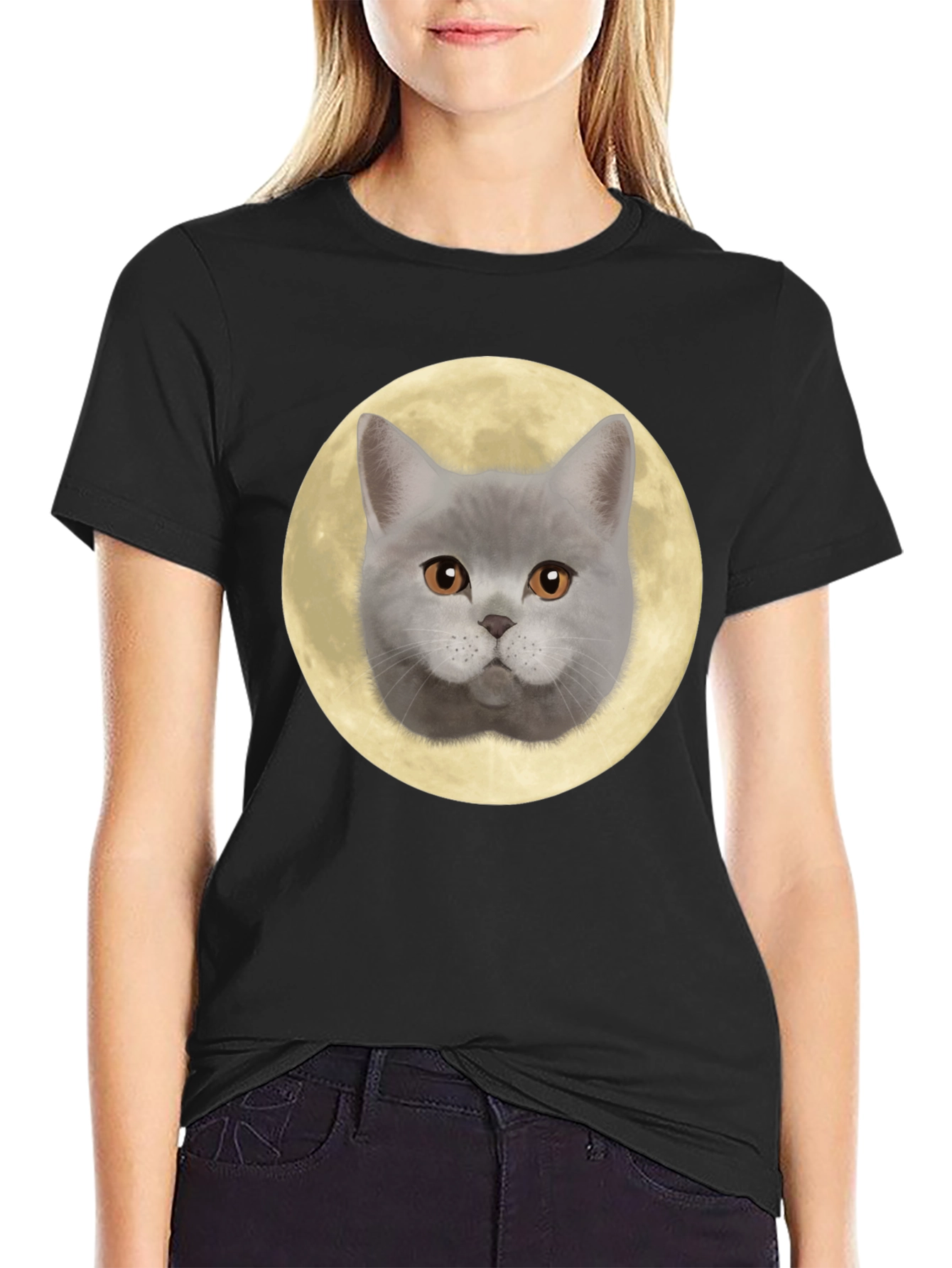 Cat Face Moon Graphic T-Shirt - Black