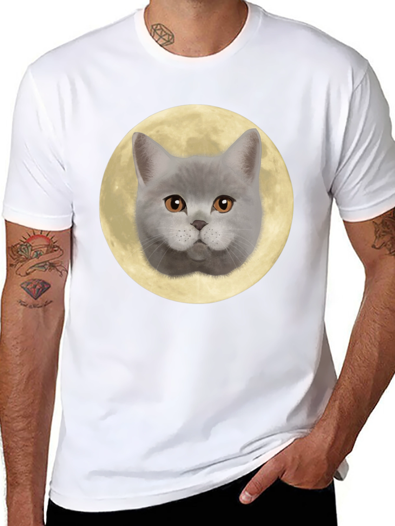 Cat Face Moon Graphic T-Shirt - Black