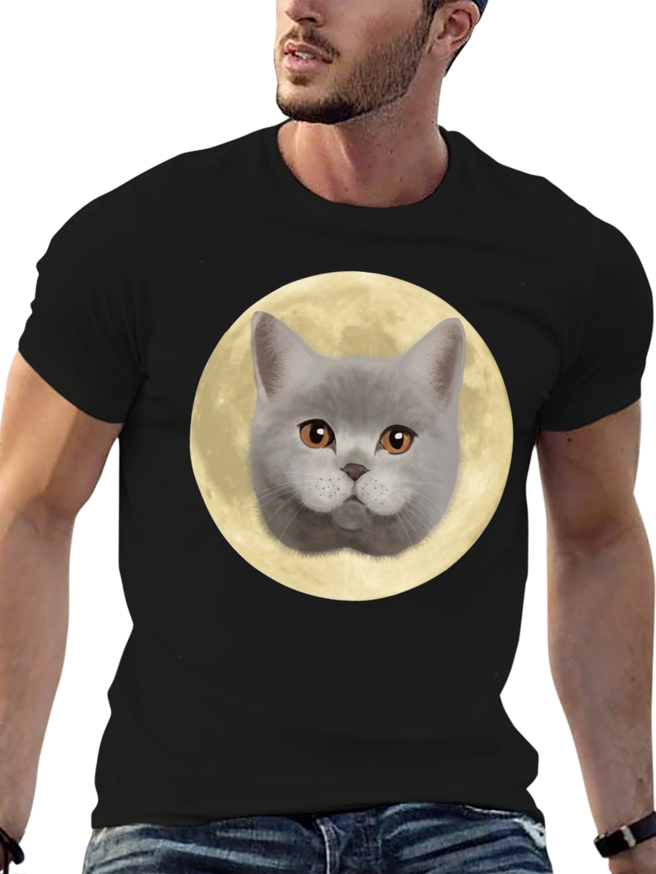 Cat Face Moon Graphic T-Shirt - Black