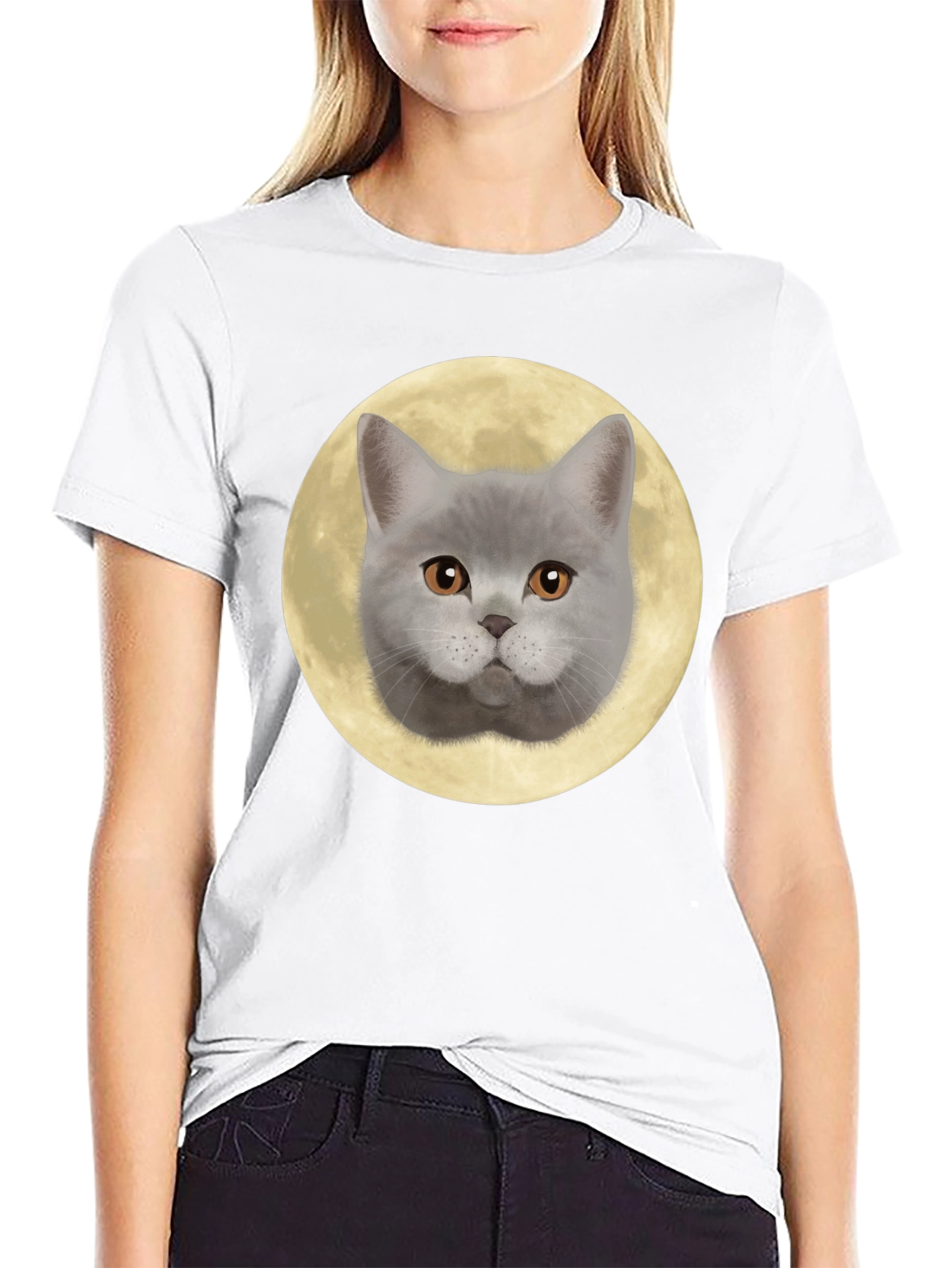 Cat Face Moon Graphic T-Shirt - Black
