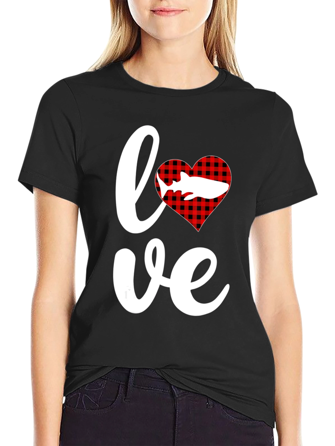 Love Shark T-Shirt - Red Buffalo Plaid Heart