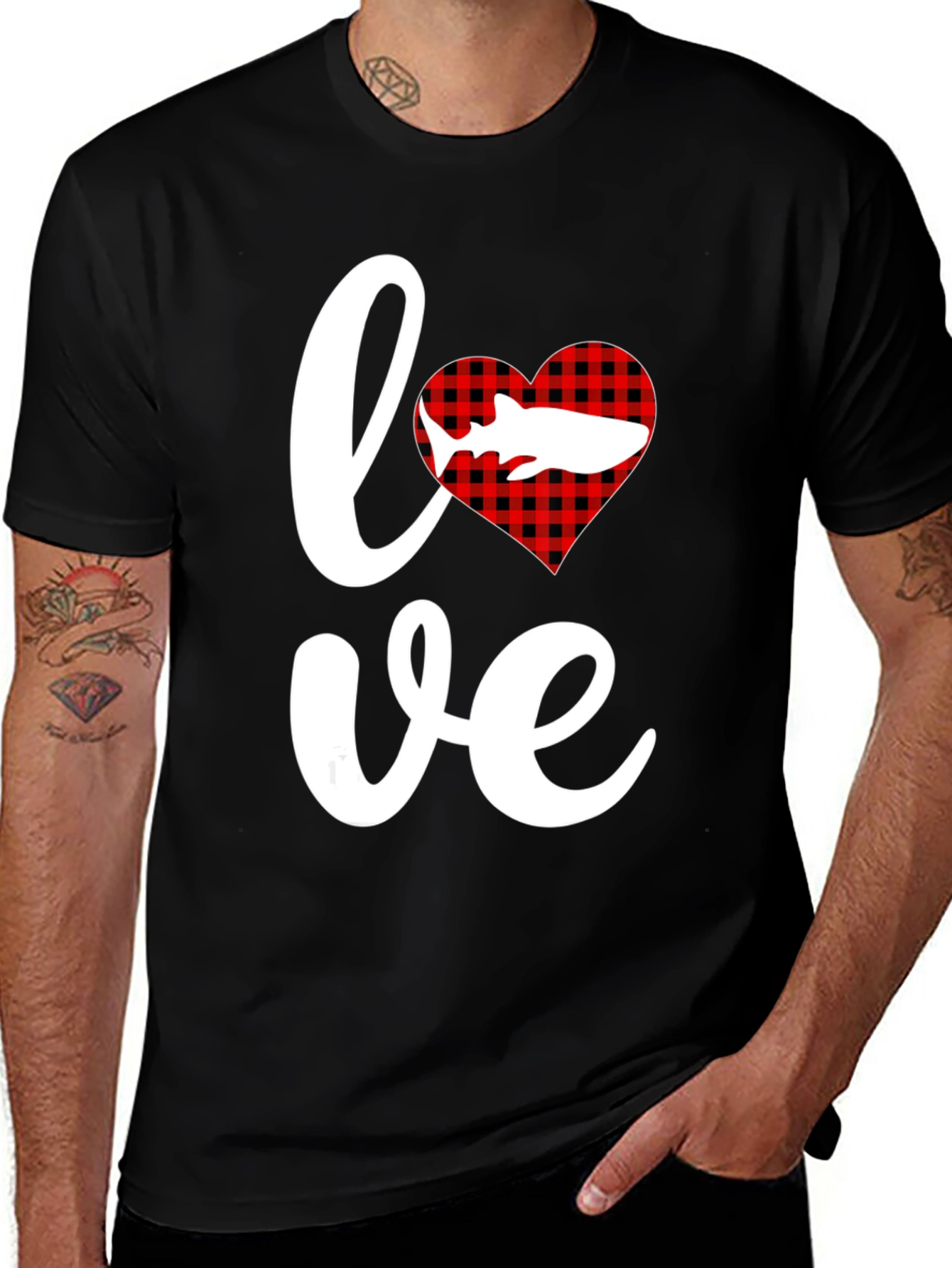 Love Shark T-Shirt - Red Buffalo Plaid Heart