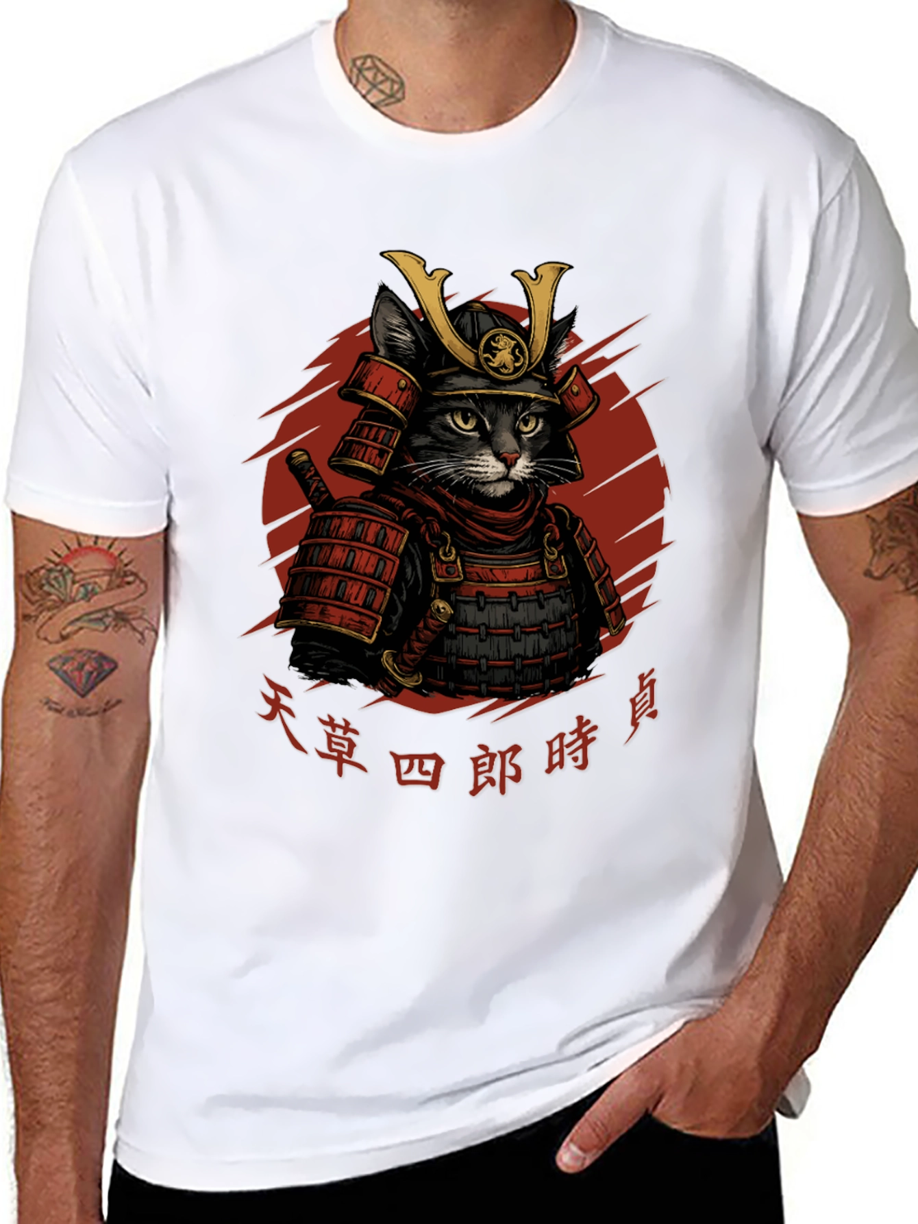 Samurai Cat Graphic T-Shirt - Black