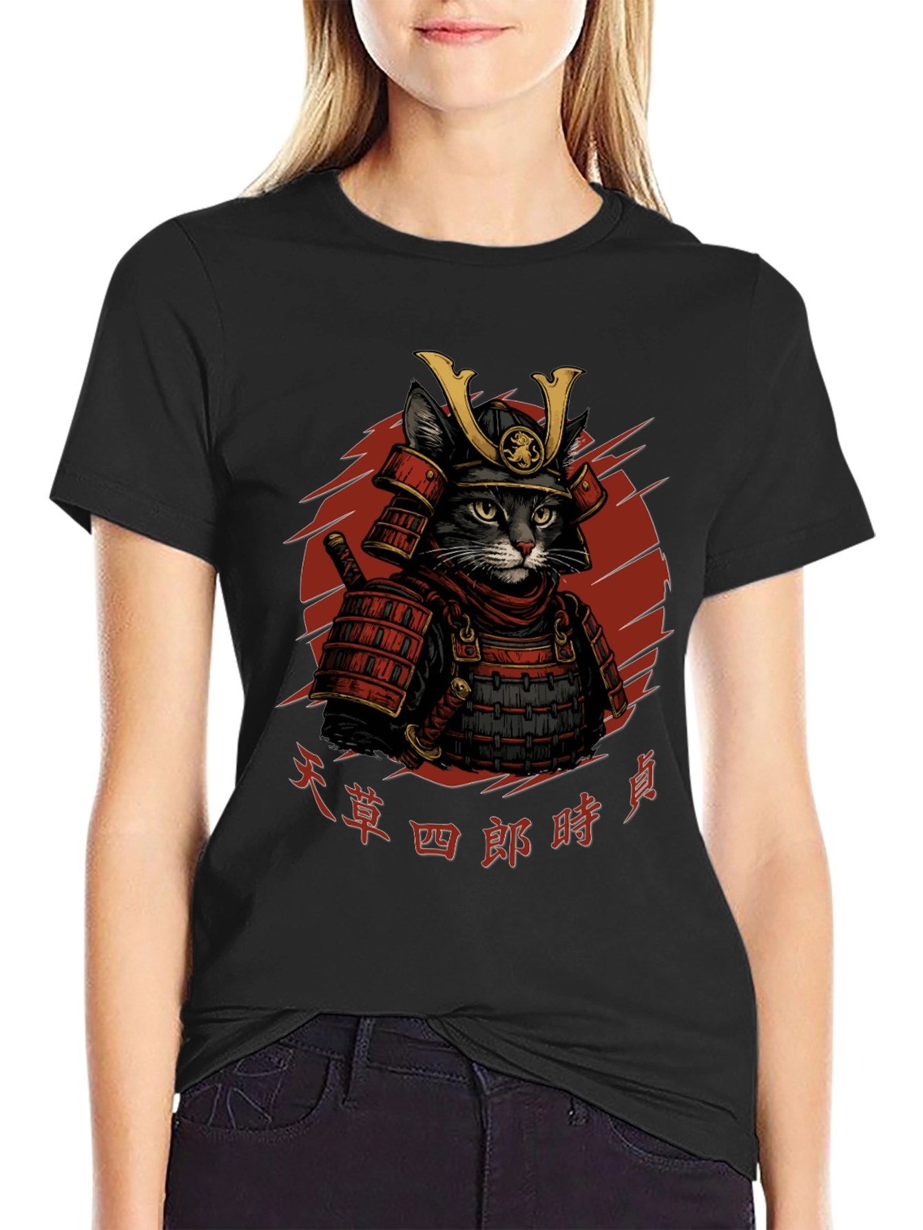Samurai Cat Graphic T-Shirt - Black