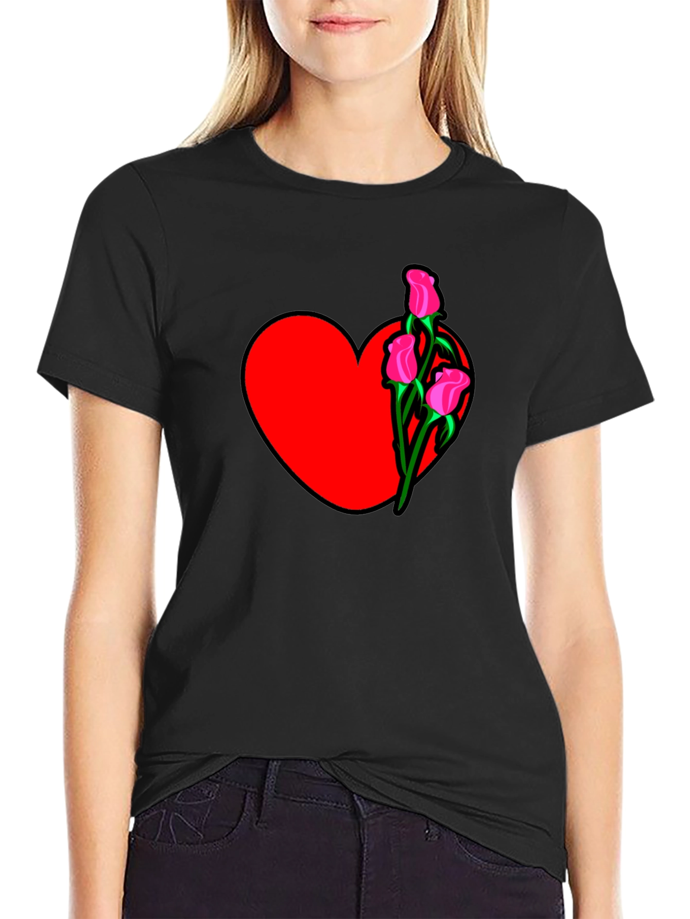 Heart and Roses Black T-Shirt