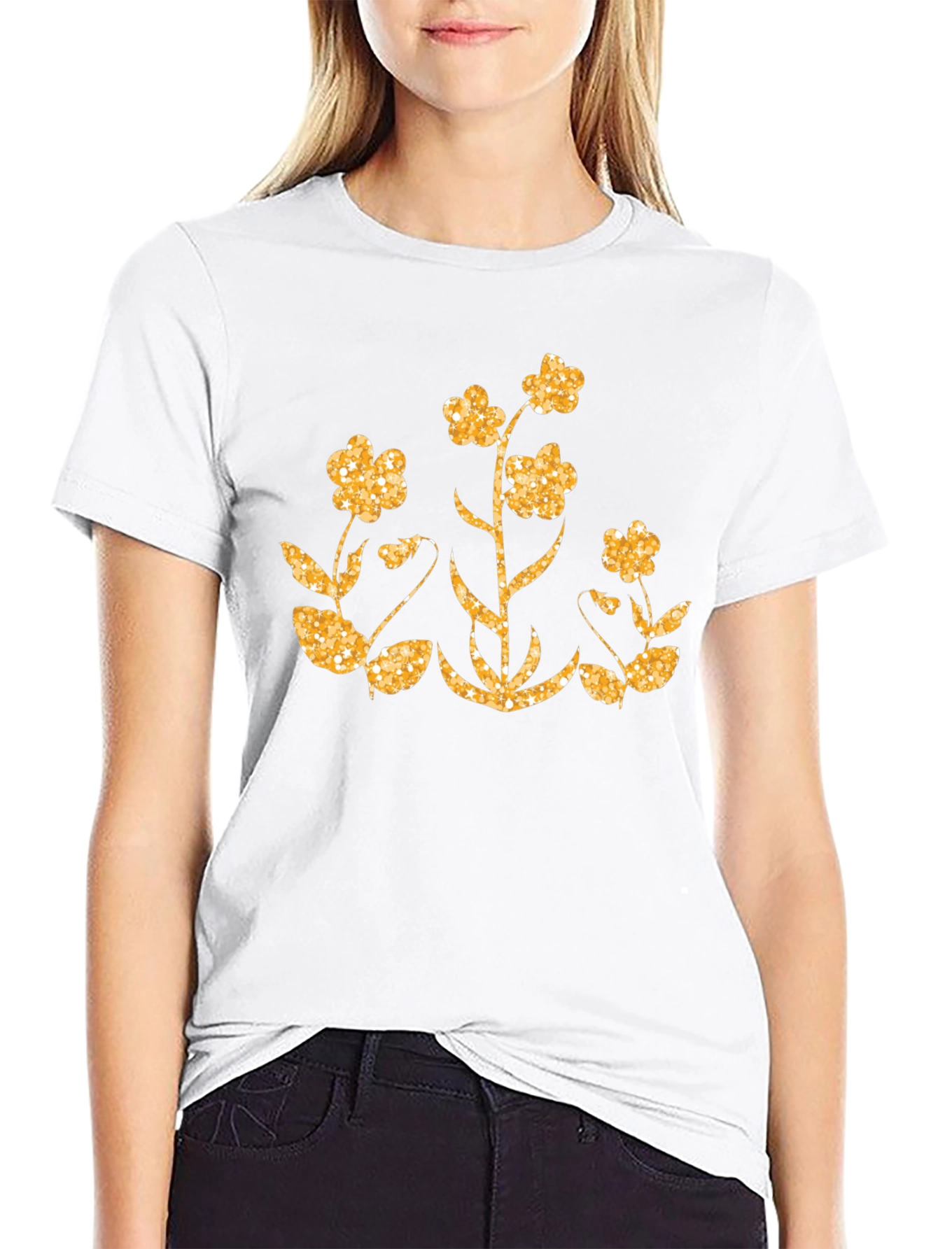 Floral Glitter Graphic Black T-Shirt