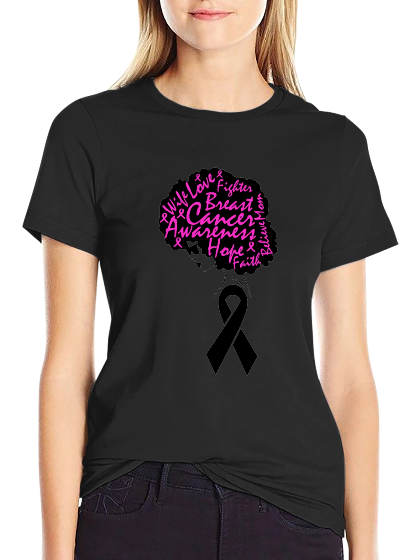 Breast Cancer Awareness Black T-Shirt - Hope Fighter Love