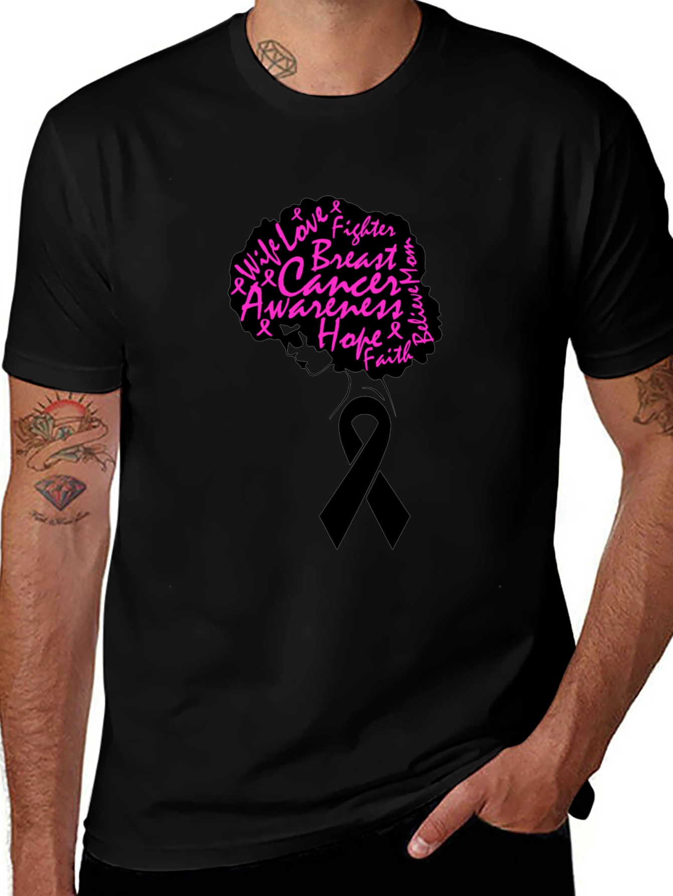 Breast Cancer Awareness Black T-Shirt - Hope Fighter Love