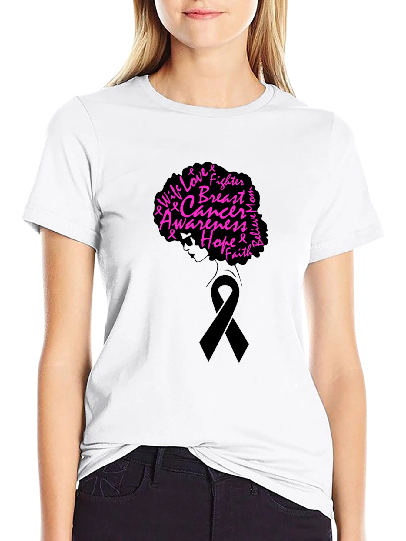 Breast Cancer Awareness Black T-Shirt - Hope Fighter Love