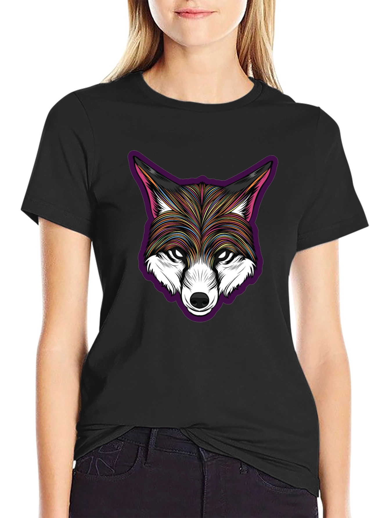 Stylish Fox Head Graphic Black T-Shirt