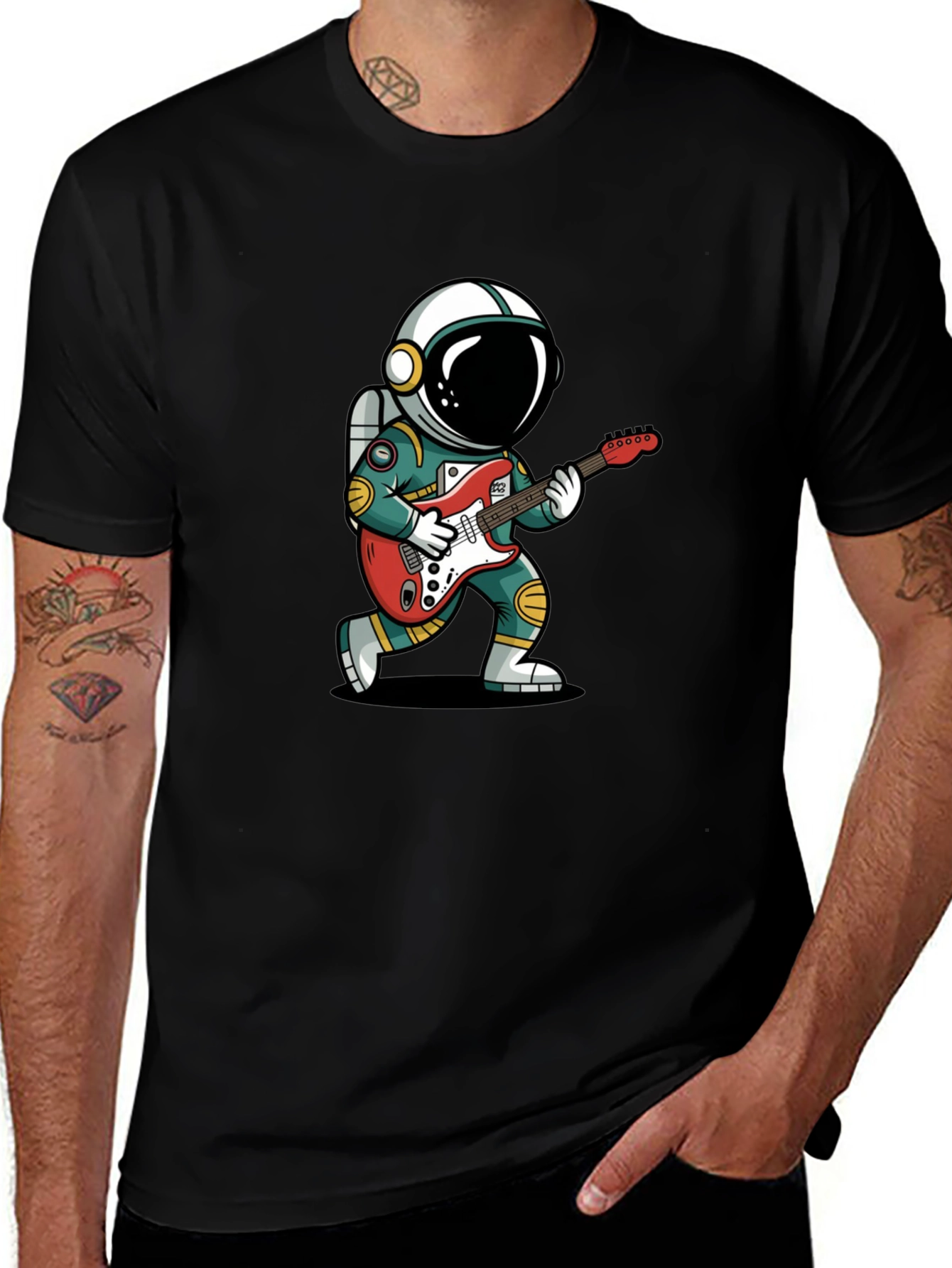 Astronaut Guitarist Graphic Tee - Black Cotton T-Shirt