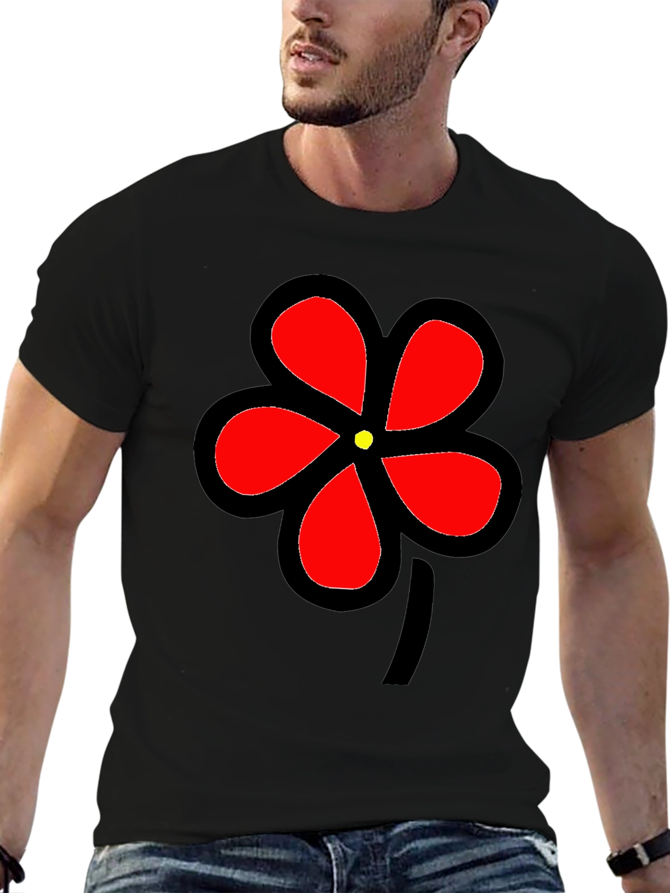 Black T-Shirt with Bold Red Flower Graphic