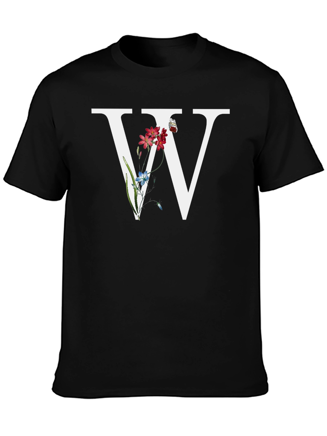 Floral W Letter T-Shirt - Black
