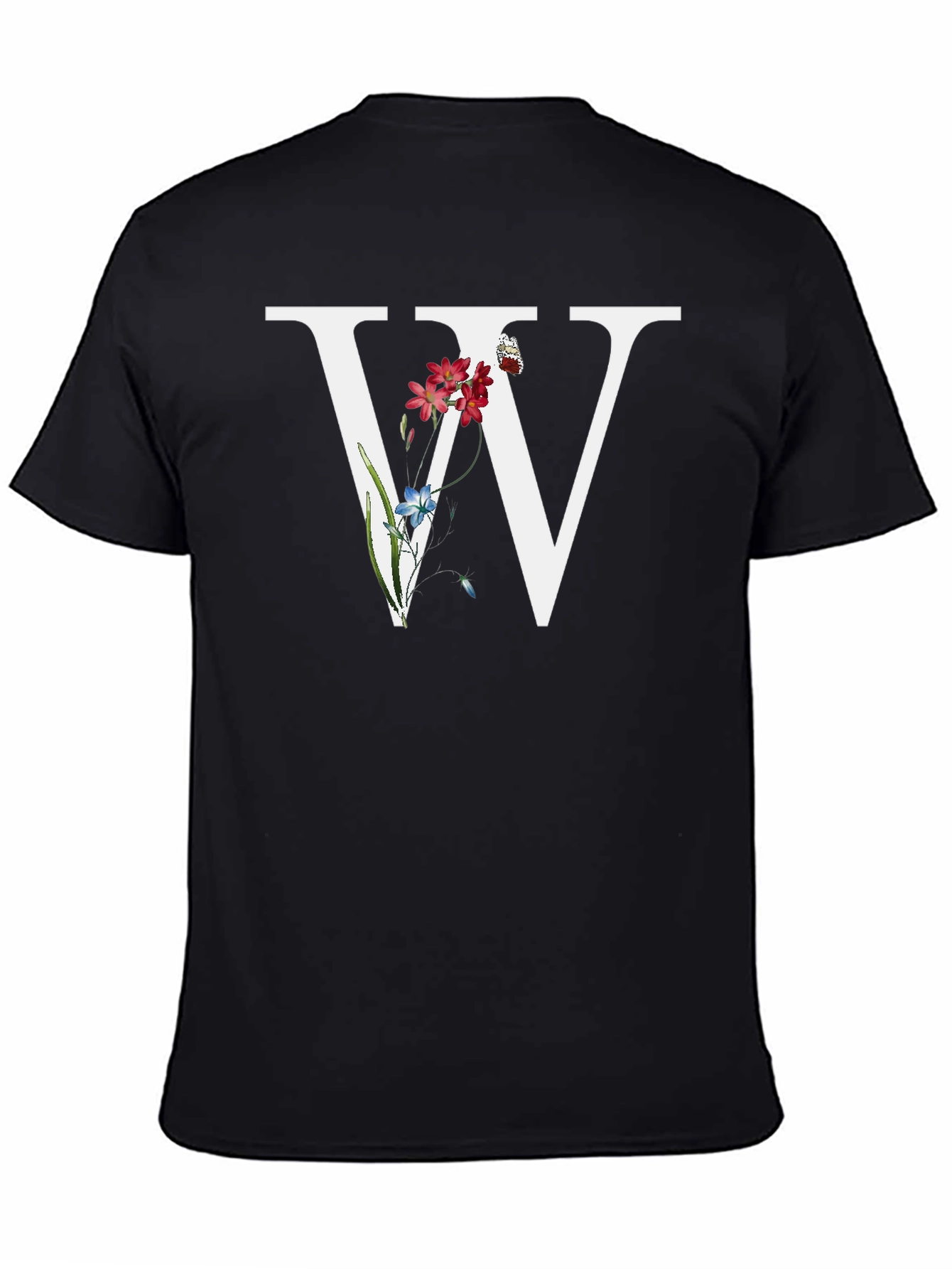 Floral W Letter T-Shirt - Black