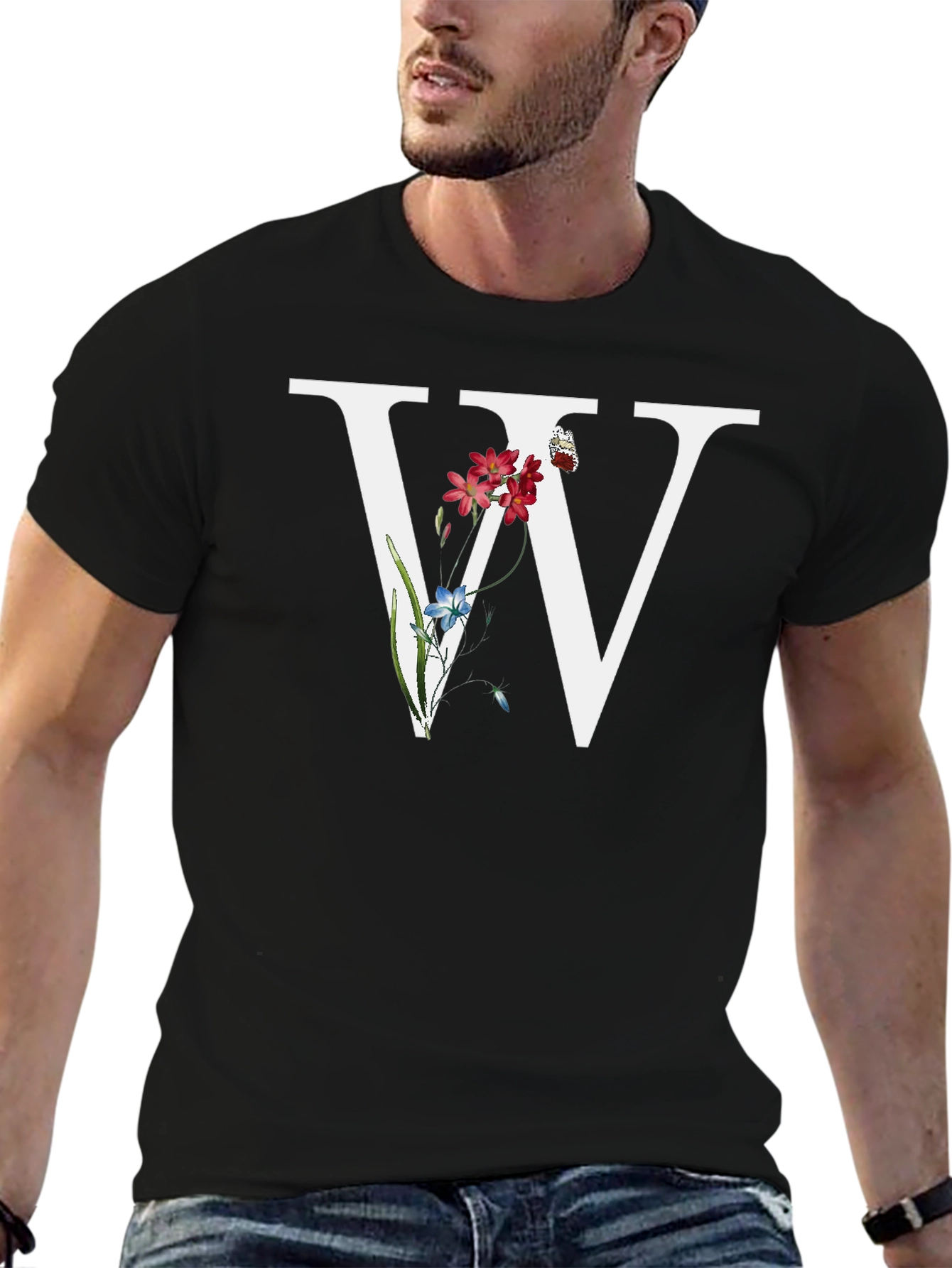 Floral W Letter T-Shirt - Black