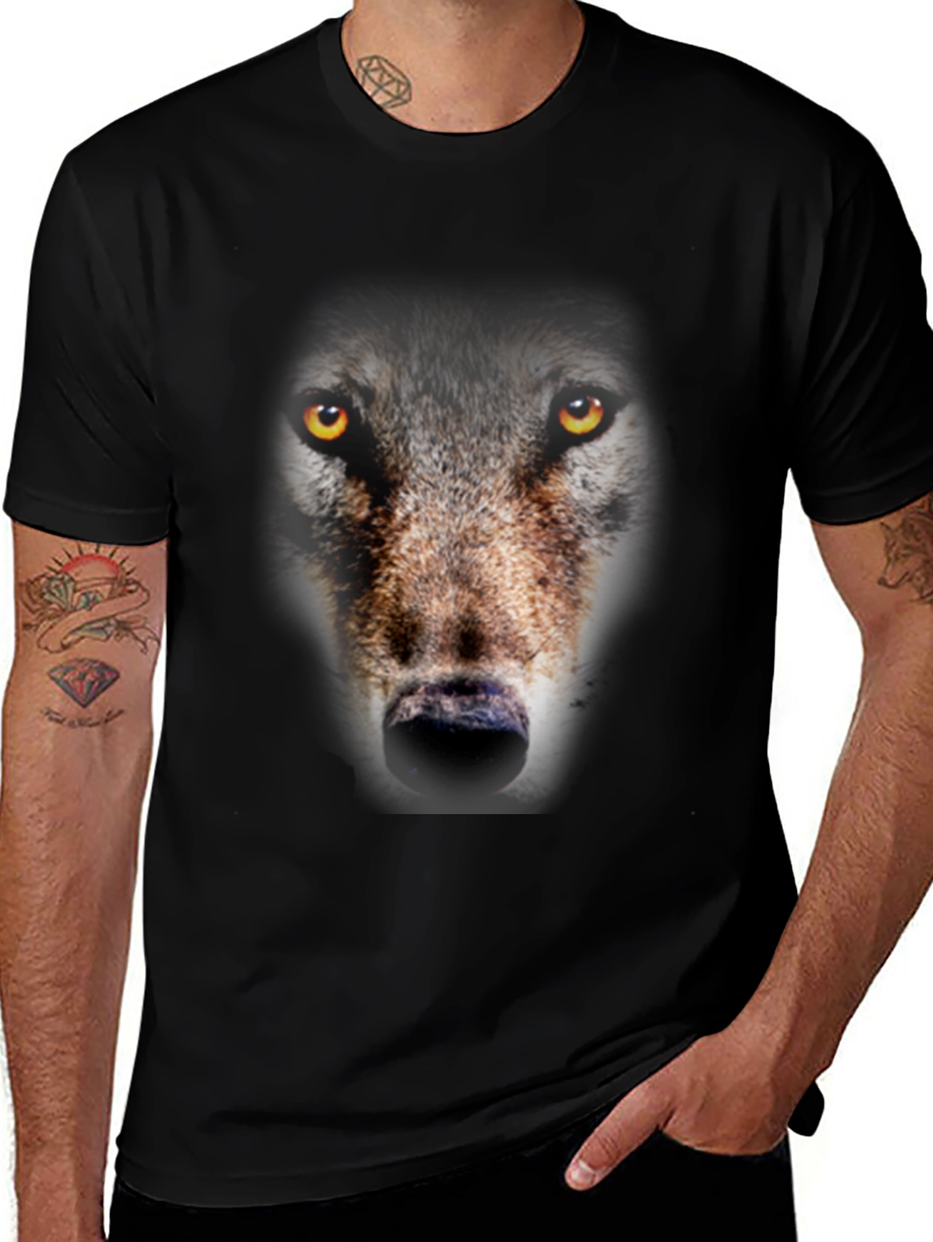Wolf Face Graphic Print Black T-Shirt
