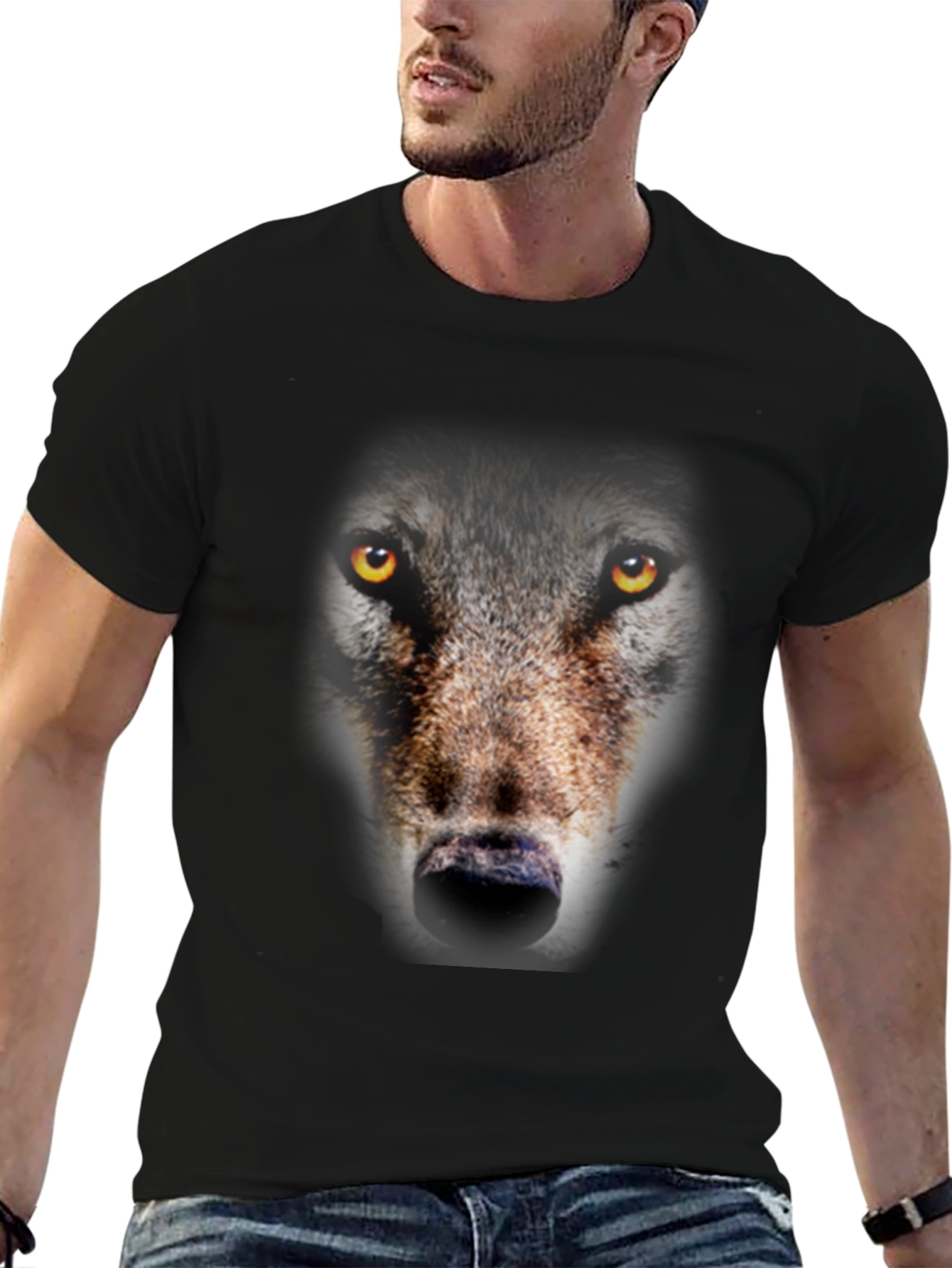 Wolf Face Graphic Print Black T-Shirt