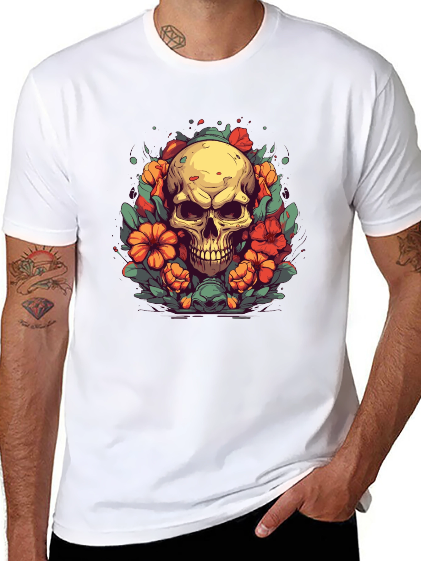 Skull & Flowers Graphic Tee - Black T-Shirt