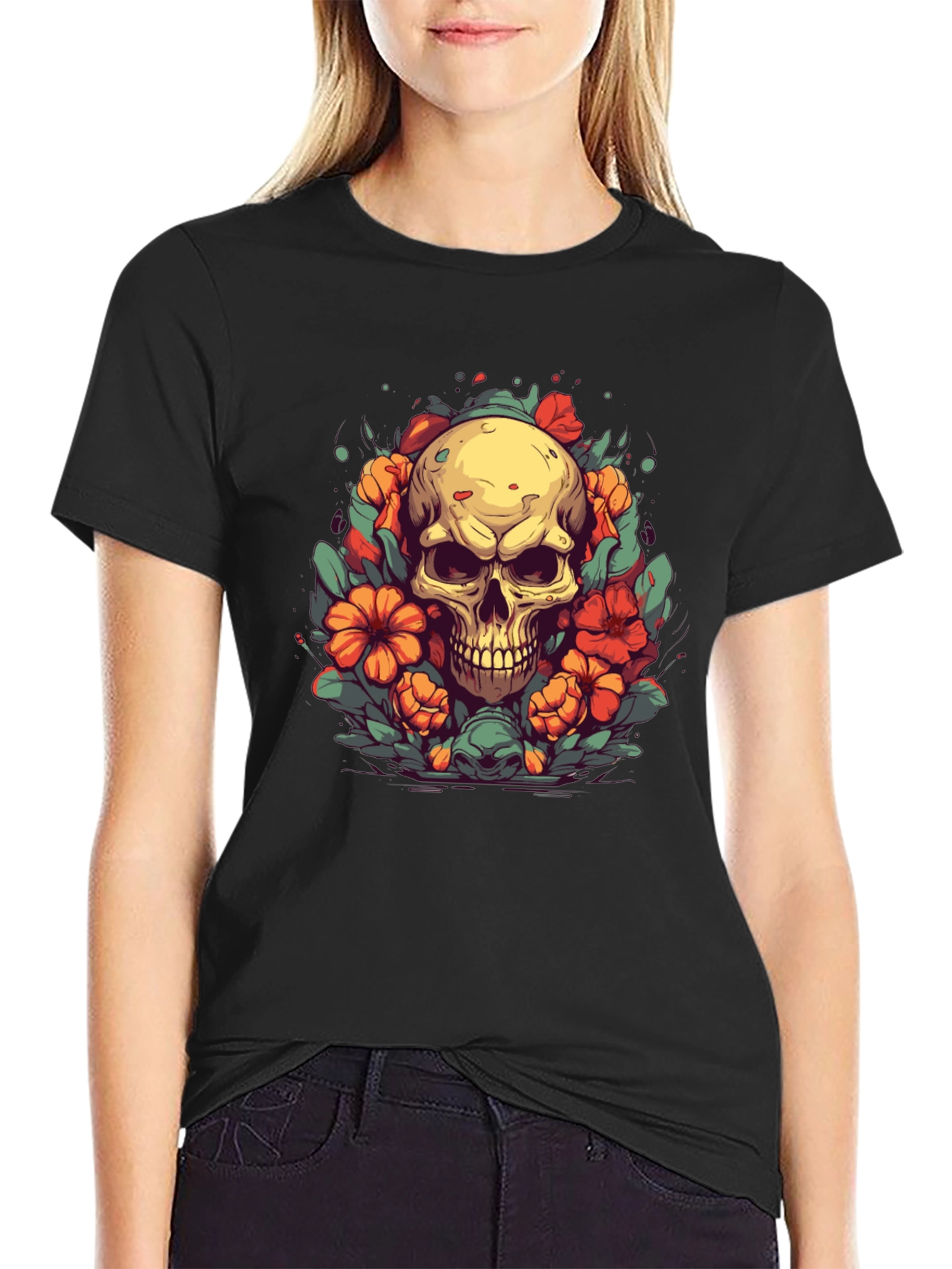 Skull & Flowers Graphic Tee - Black T-Shirt